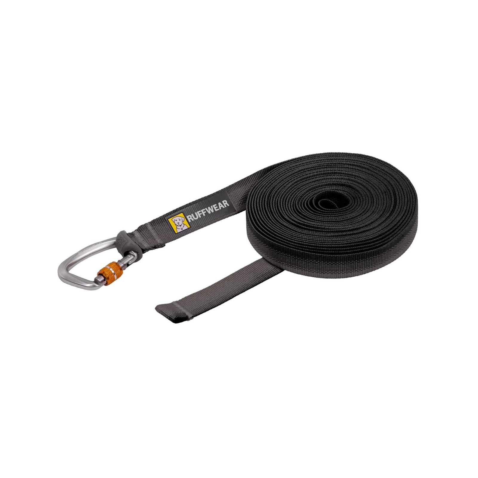 Ruffwear Rogue Long Line coiled on a white background in Basalt Gray, with the lockable anodized aluminium screwgate carabiner and Ruffwear branding visible on the webbing
