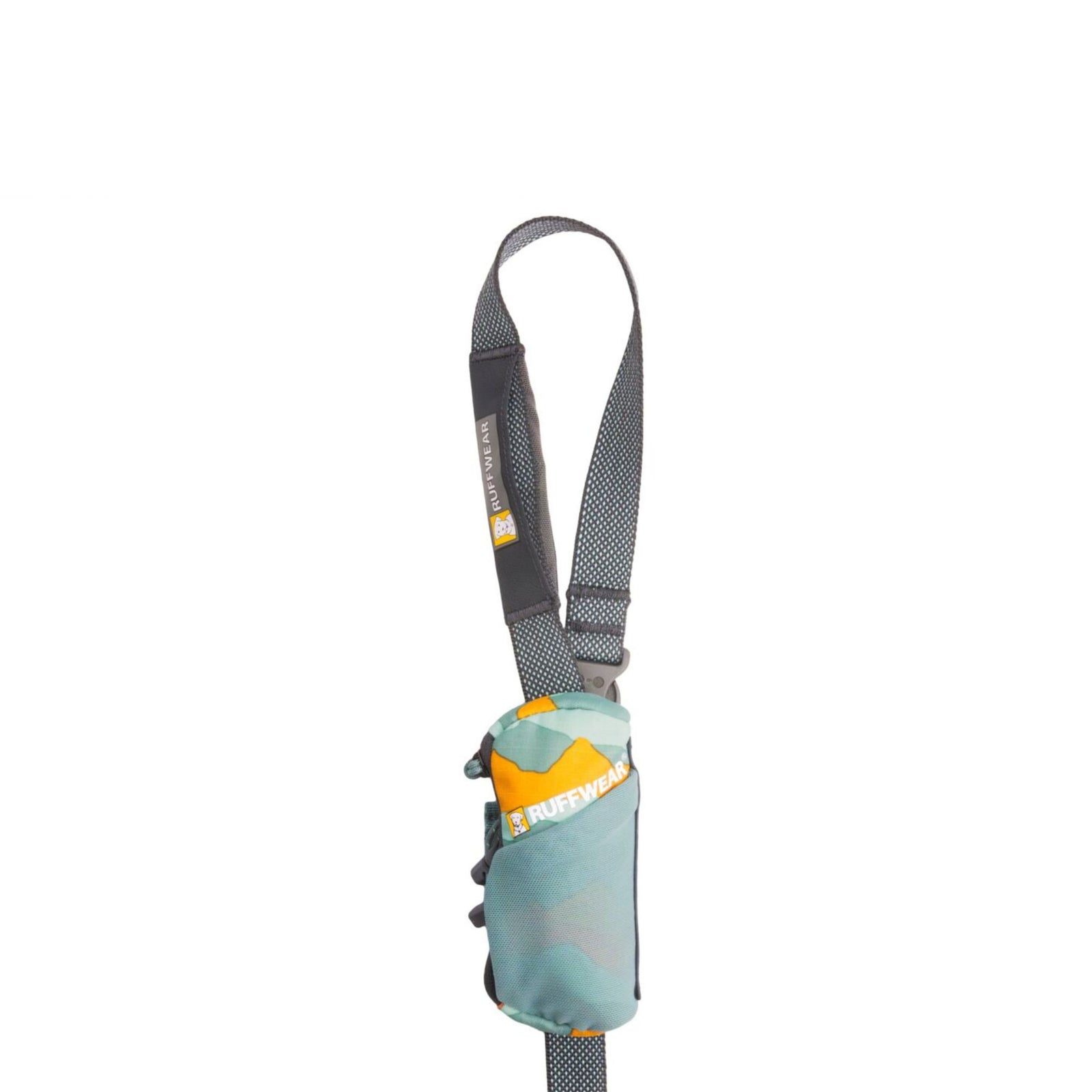 Ruffwear Stash Bag Mini dog waste bag dispenser in Coastal Mountains attached to a grey Ruffwear leash handle, showing the two buckle strap attachment points, yellow and teal colourway detail, and the bag sitting flush against the leash webbing