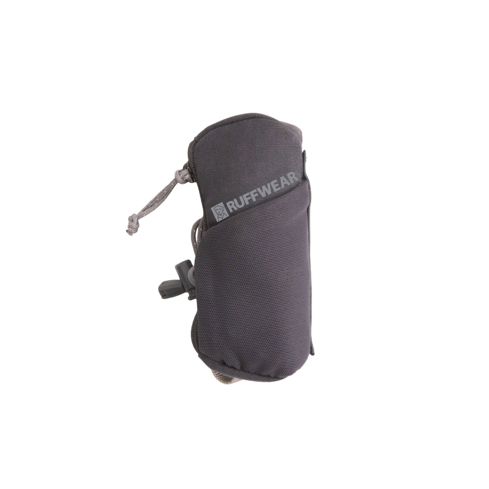 Ruffwear Stash Bag Mini dog waste bag dispenser in Basalt Gray, showing the cylindrical soft-shell body, Ruffwear wordmark, cinch cord at the top, cord lock, and leash attachment straps at the base