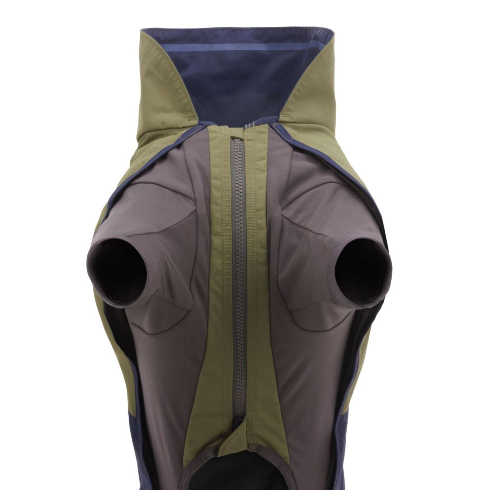 Ruffwear Sun Shower Coverall front view showing chest, belly zip and StormSleeves