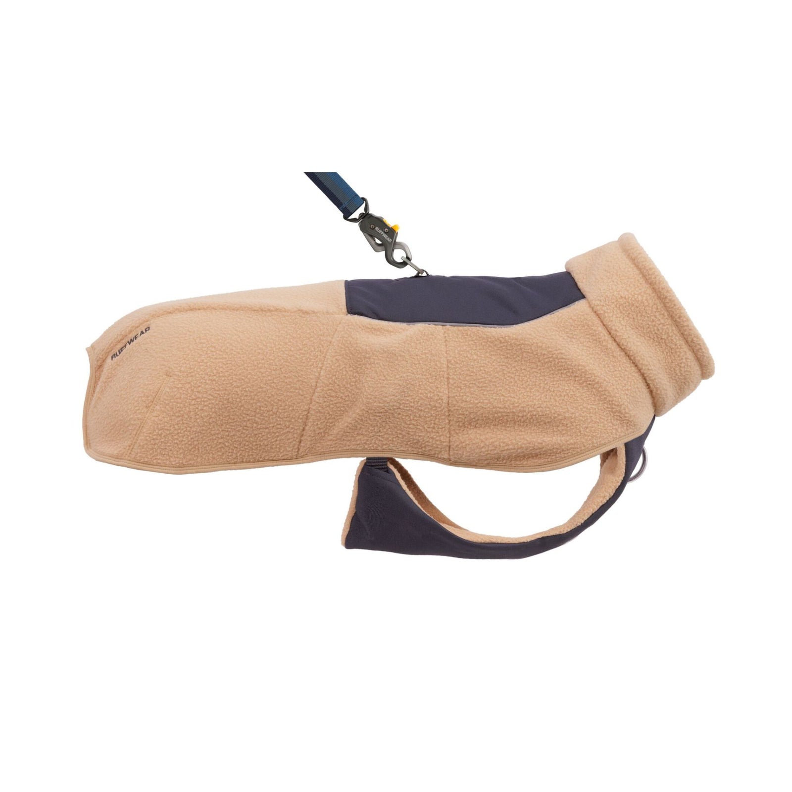 Ruffwear Timberline Fuse fleece vest in Driftwood, side profile showing lead attached to aluminium V-ring back leash attachment point