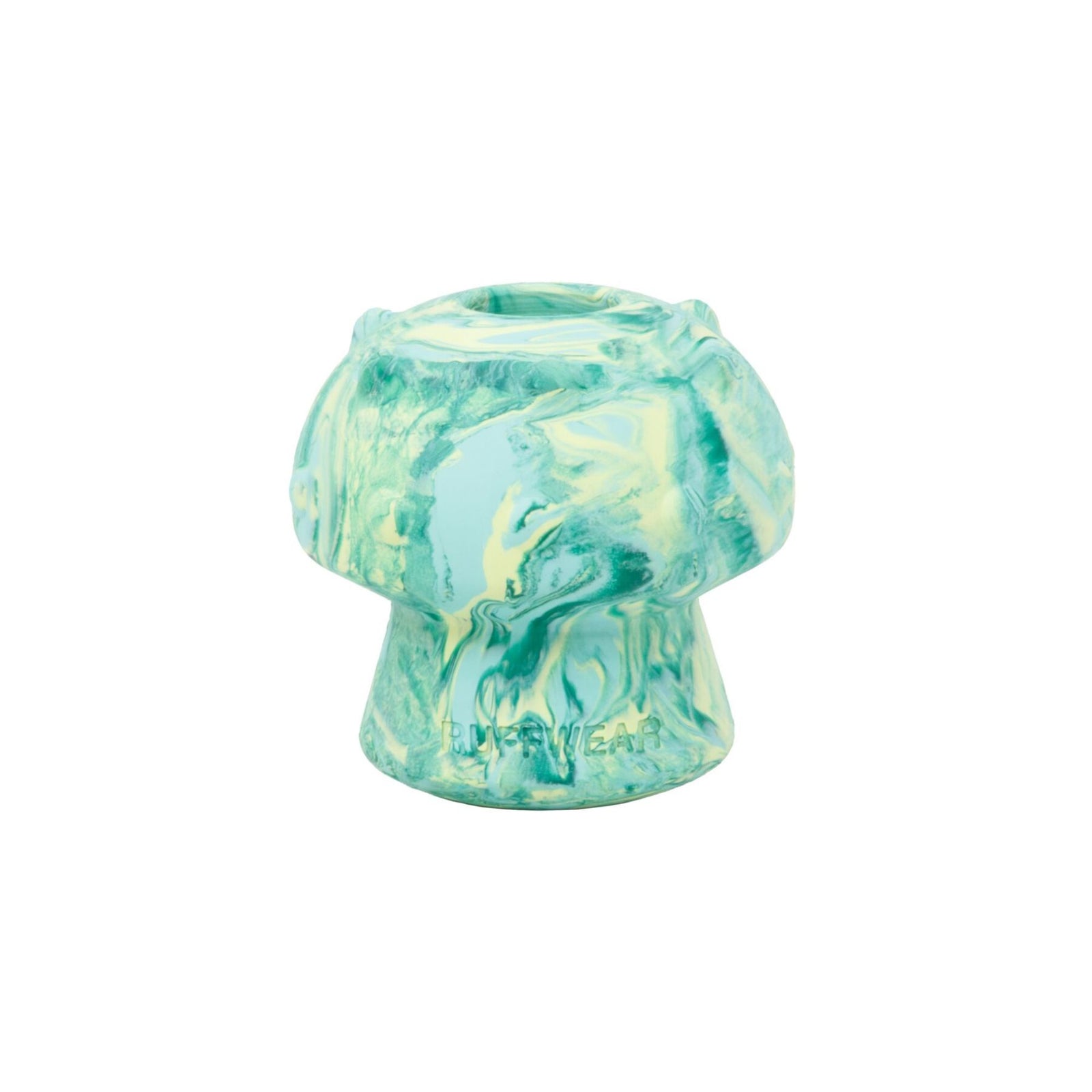 Ruffwear Toadstool dog toy in Moss Green - mushroom-shaped natural latex rubber treat-dispensing fetch toy on white background