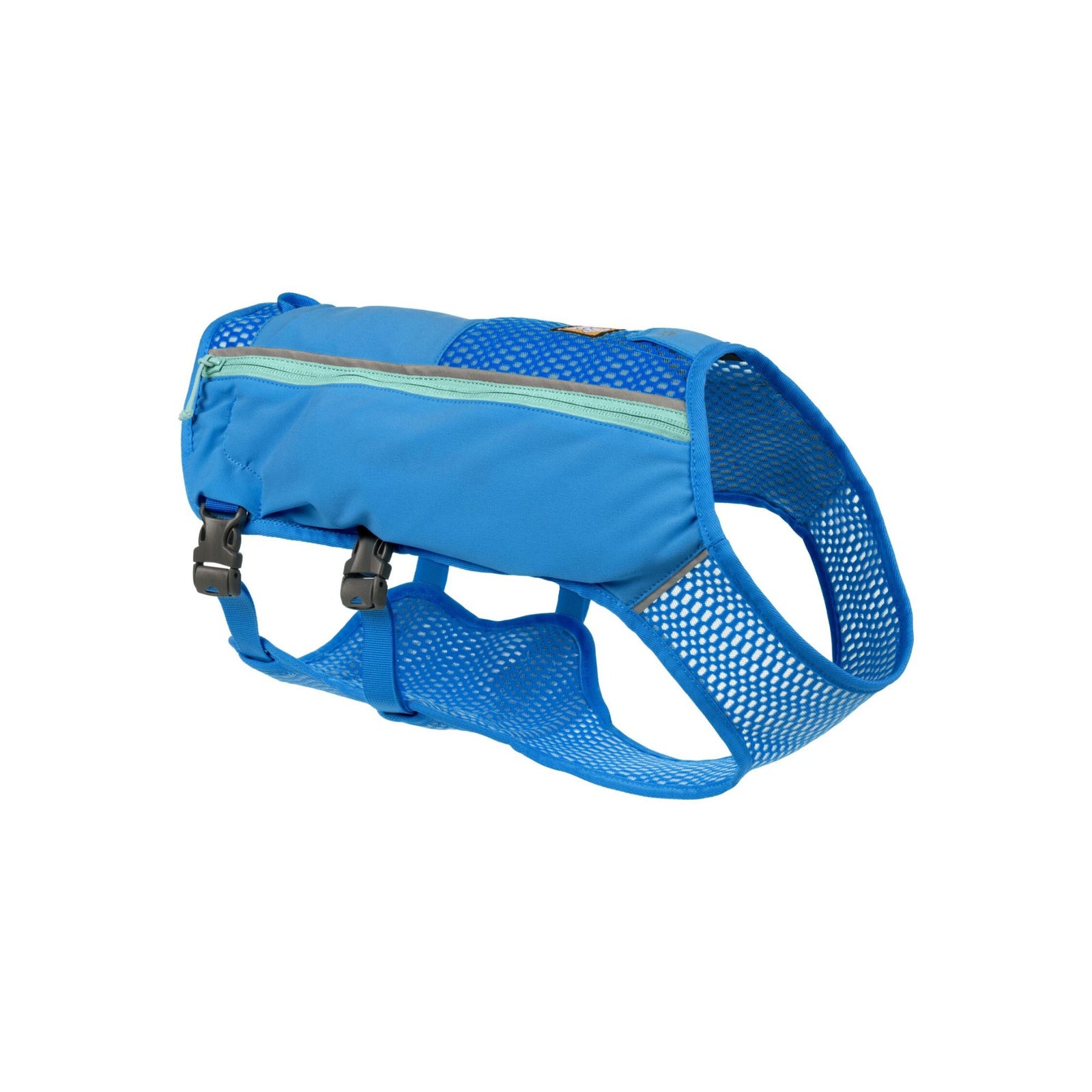 Ruffwear Trail Runner Running Vest in Blue Pool, front and side view showing zippered side pockets and webbing tow loop