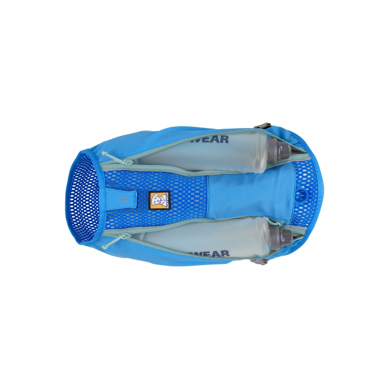 Ruffwear Trail Runner Running Vest in Blue Pool, top-down view showing adjustable fit and vest structure plus zippered pockets for Hydrapak water flasks