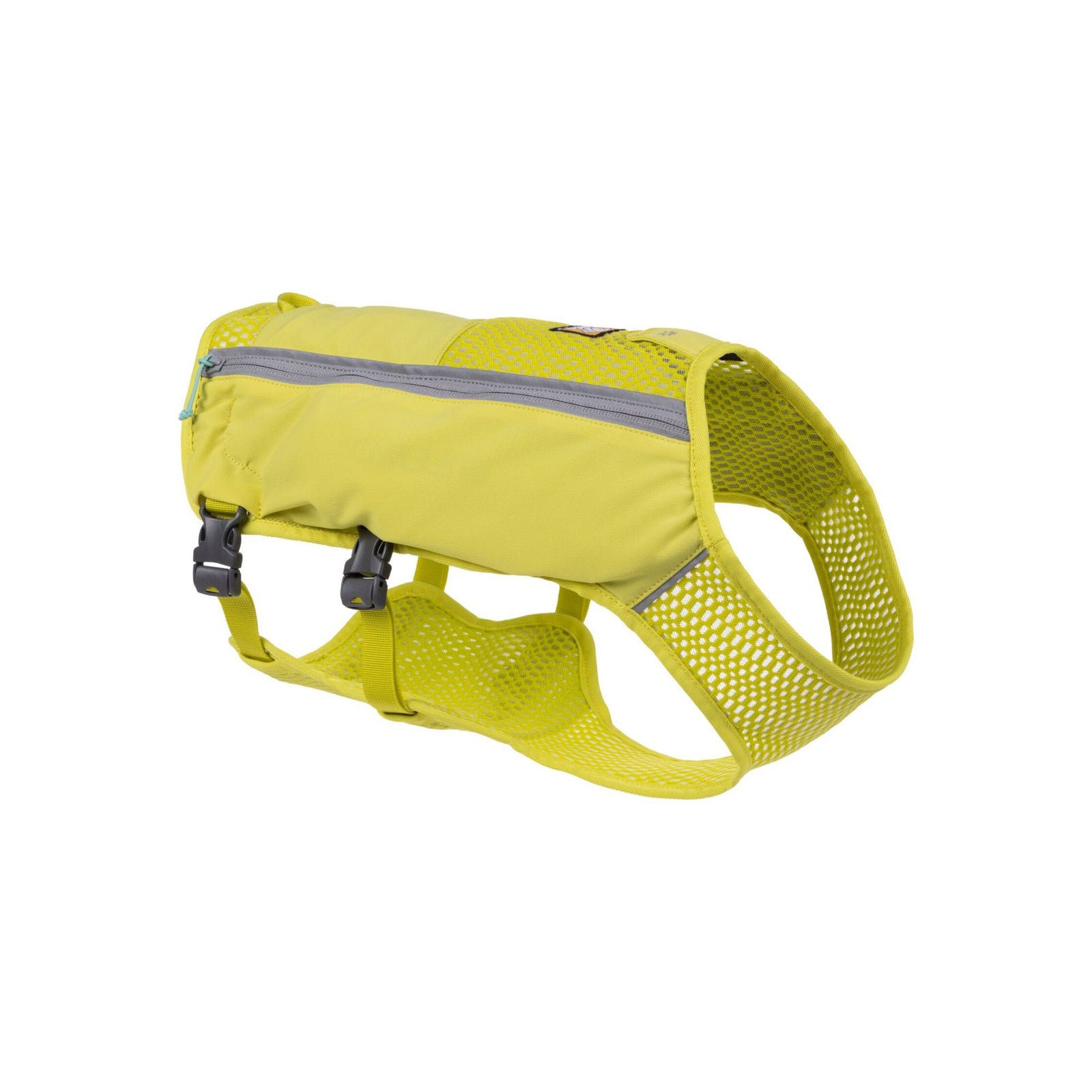 Ruffwear Trail Runner Running Vest in Lichen Green, front and side view showing zippered side pockets and webbing tow loop