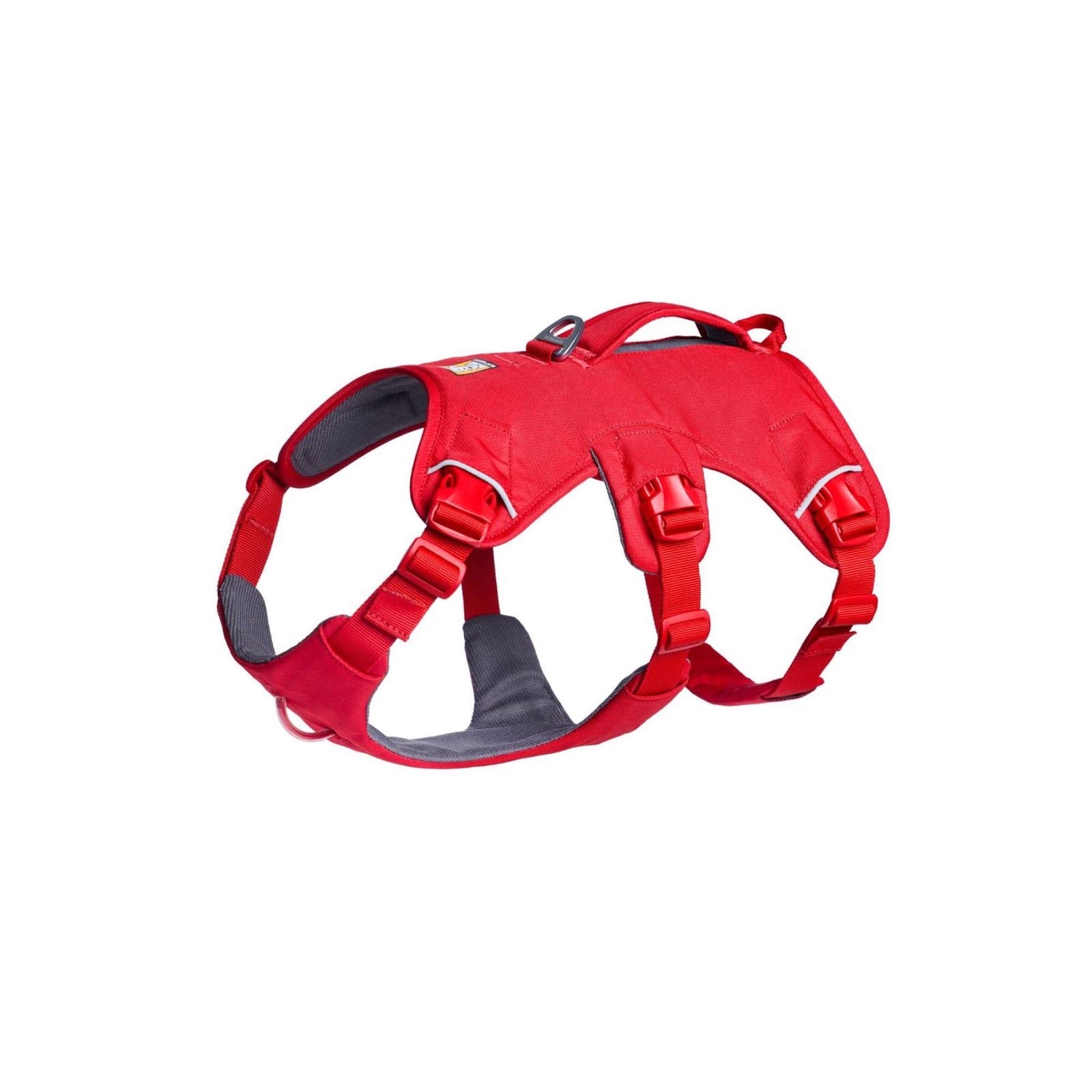 Ruffwear Web Master harness in Red Canyon, front view showing chest strap, neck buckle, and adjustment points