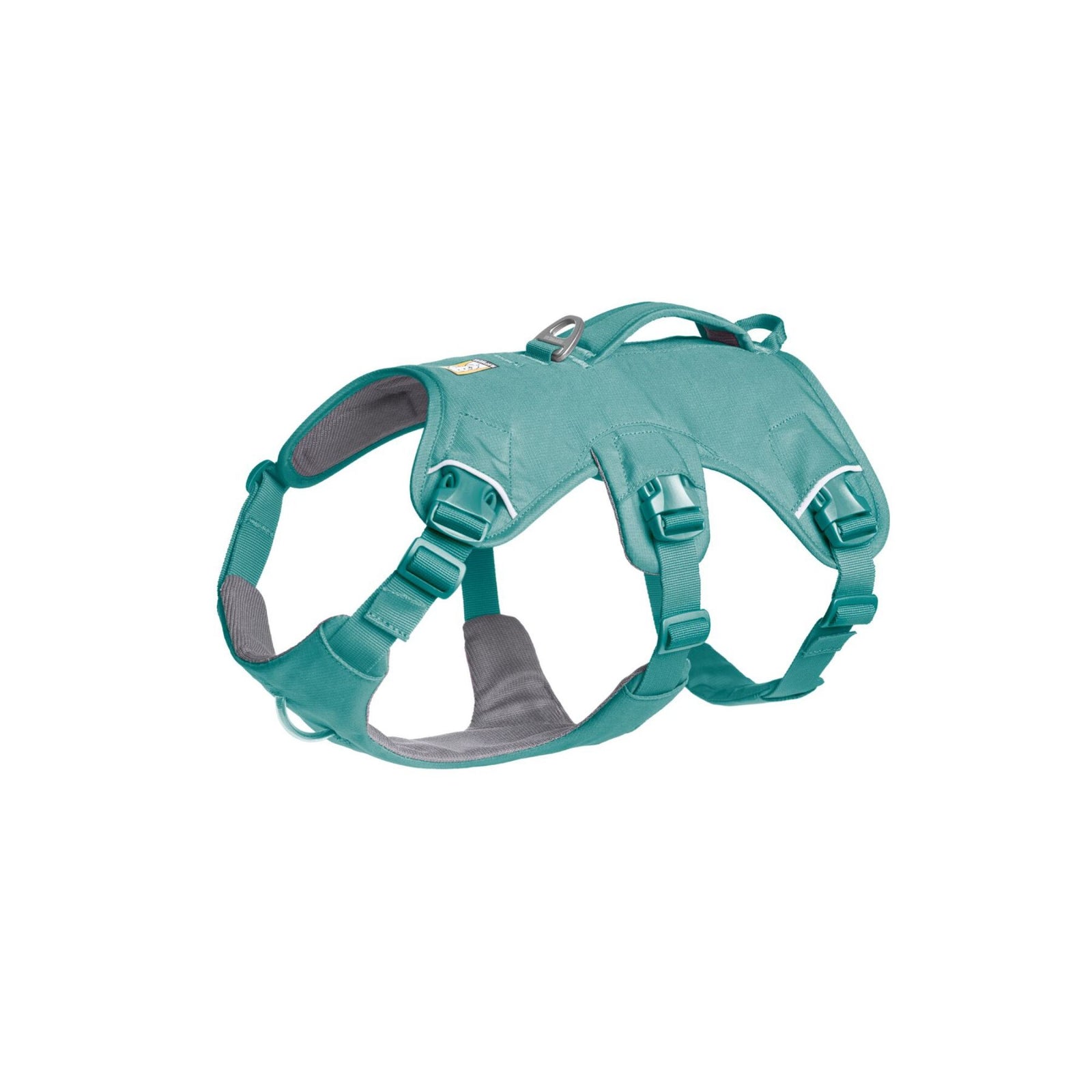 Ruffwear Web Master harness in River Rock Green, showing three-strap design with belly strap, padded handle, and aluminium V-ring leash attachment