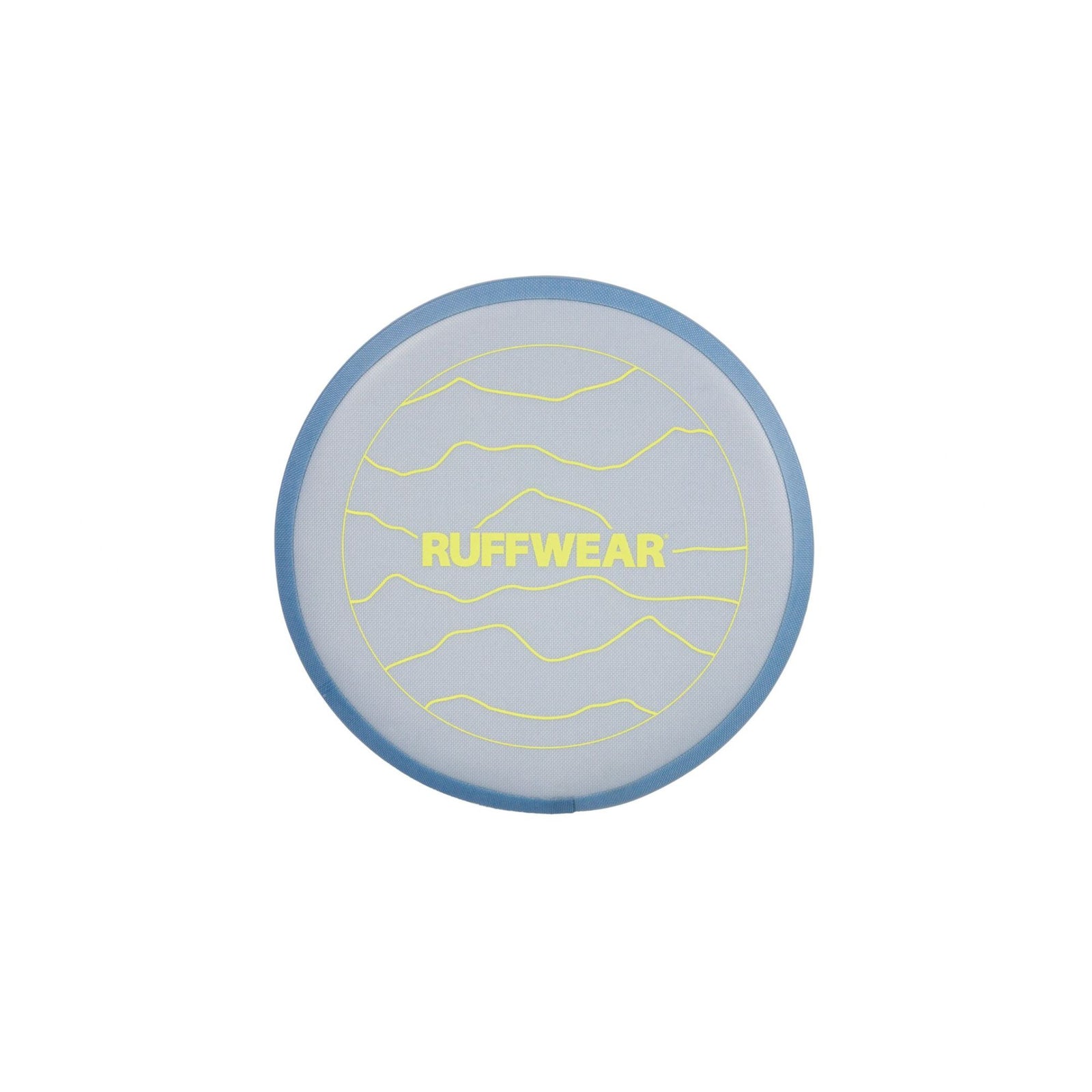Top-down view of the Ruffwear Camp Flyer dog toy in Polar Blue, showing the soft flexible disc shape and puncture-resistant construction
