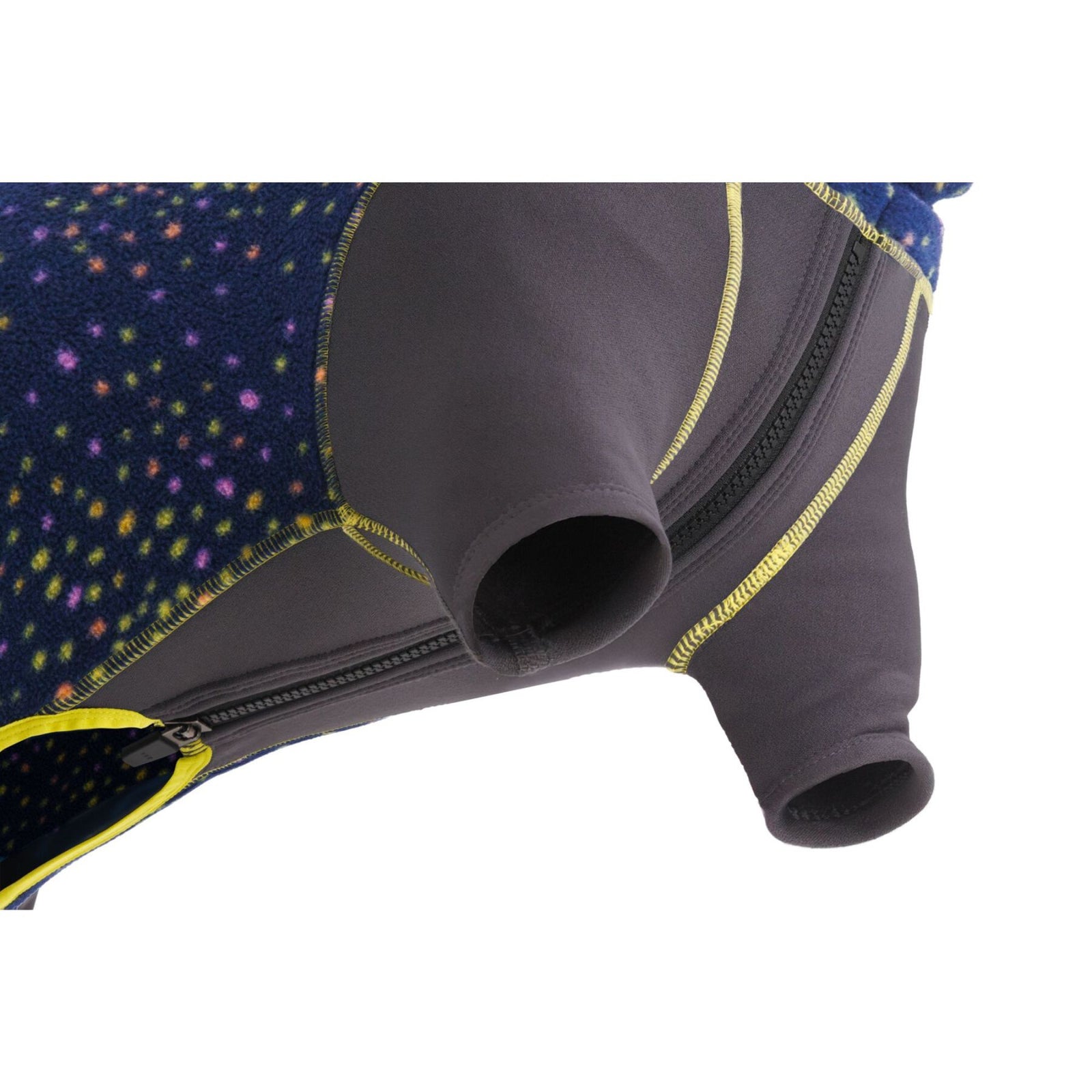 Undercarriage view of the Ruffwear Climate Changer Coverall showing leg coverage and yellow chest zip