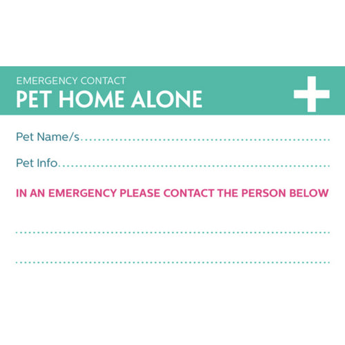 Plain back of the My Pets Are Home Card showing fields for pet name, pet info, and emergency contact