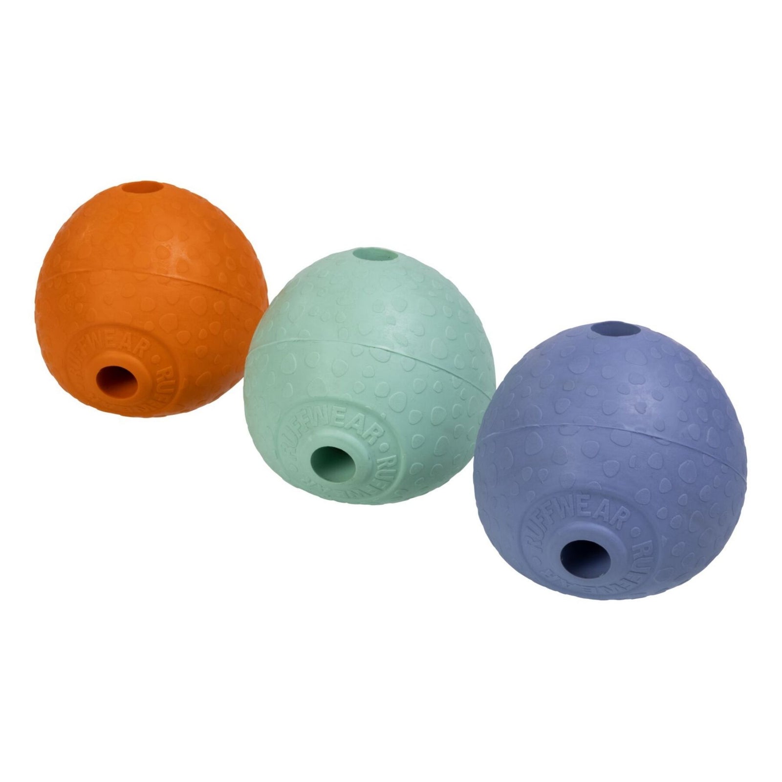 Ruffwear Huckama dog toy in Campfire Orange, Sage Green, and Heliotrope Purple natural rubber, three colours shown together on white background