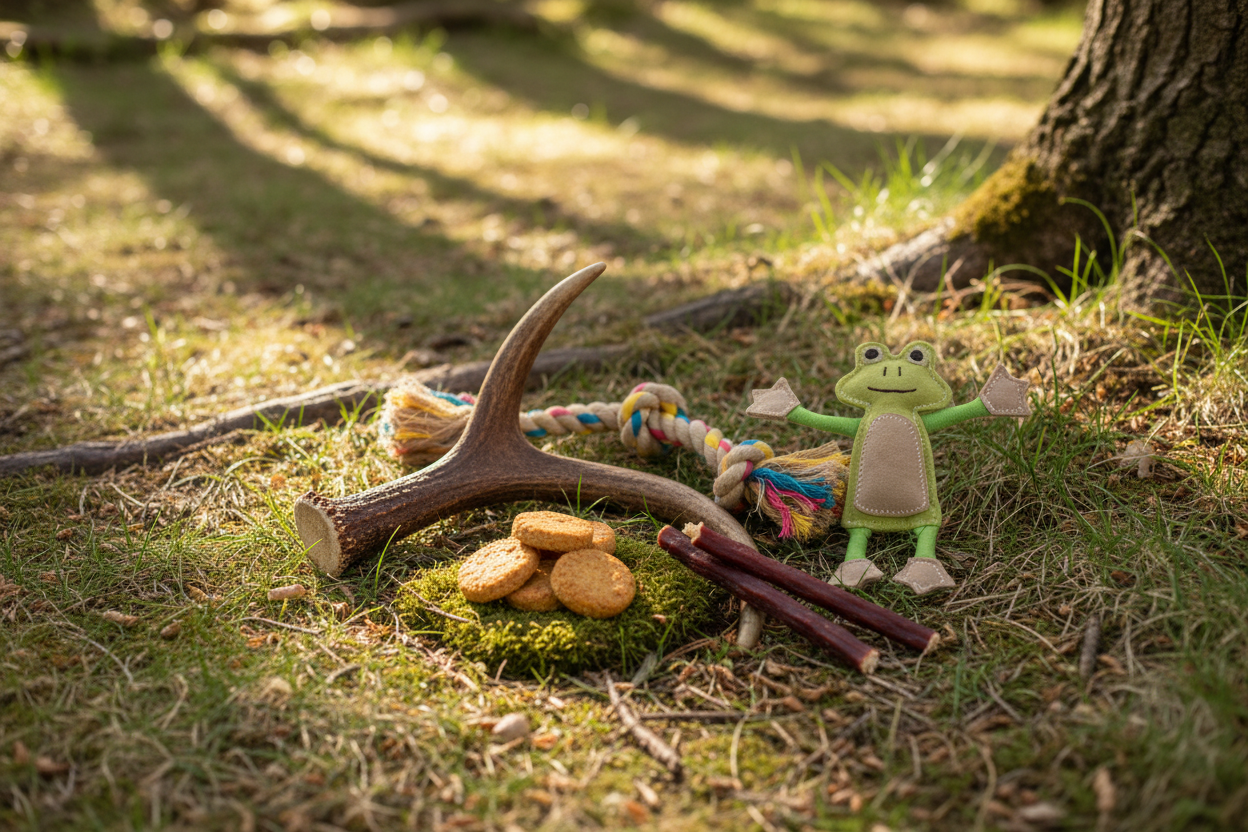 Natural dog treats, antler chews and eco toys by Green & Wild's, arranged on a woodland floor