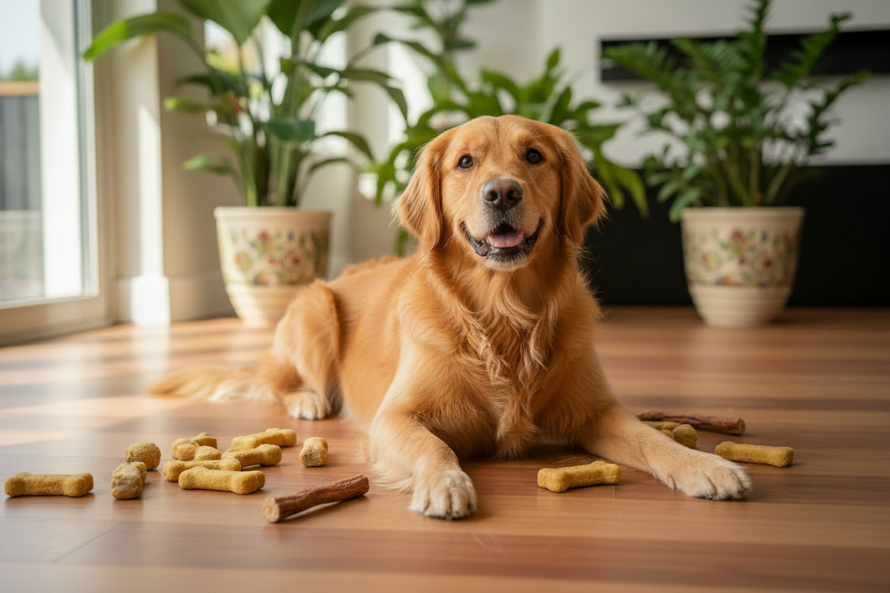 Golden retriever lying on a warm wooden floor surrounded by bone-shaped biscuits and natural chew sticks — Barks & Bunnies Dog Treats & Chews