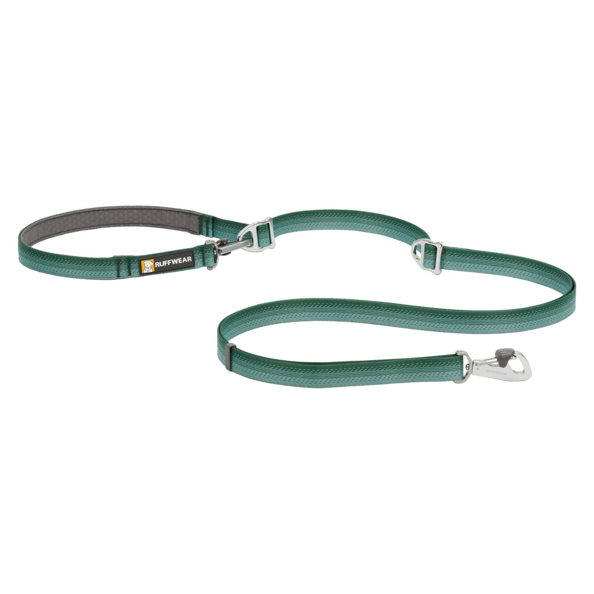 Ruffwear Switchbak Double-Ended Dog Lead in River Rock Green - full lead layout showing both Crux Clips and V-ring sliders