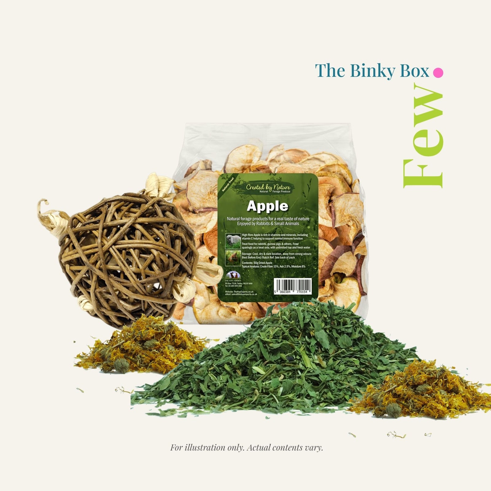 Barks & Bunnies Binky Box · Few. A rabbit subscription box containing a generous handpicked selection of natural products including dried apple pieces, a wicker enrichment ball and an abundant mix of dried herbs and forage. Contents are illustrative and will vary.