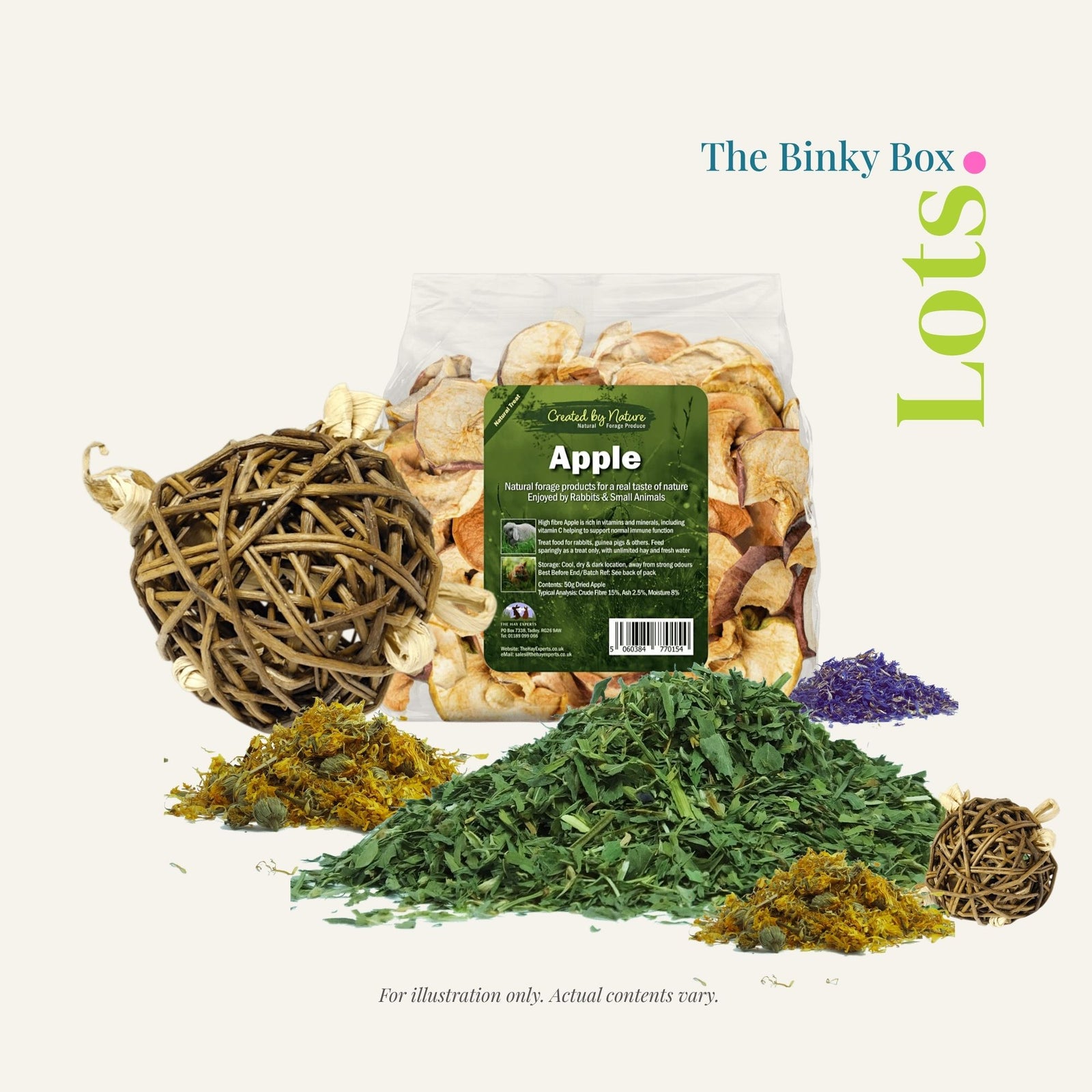 Barks & Bunnies Binky Box · Lots. A rabbit subscription box containing an abundant handpicked selection of natural products including dried apple pieces, two wicker enrichment balls, dried purple flowers and a generous mix of dried herbs and forage. Contents are illustrative and will vary.