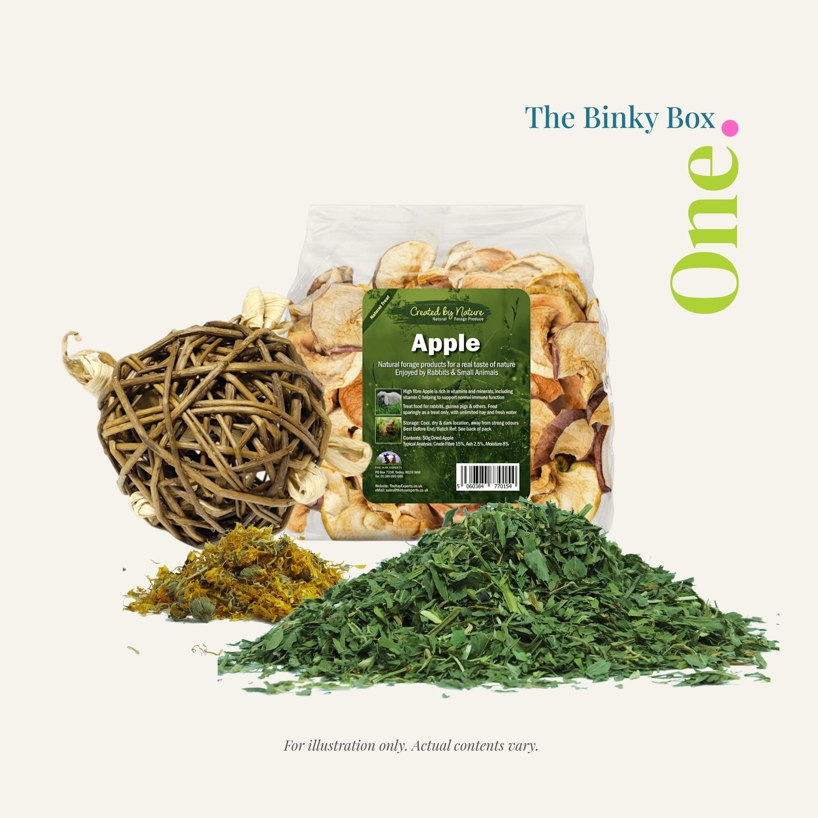 Barks & Bunnies Binky Box · One. A rabbit subscription box containing a small, handpicked selection of natural products including dried apple pieces, a wicker enrichment ball and dried herbs. Contents are illustrative and will vary.