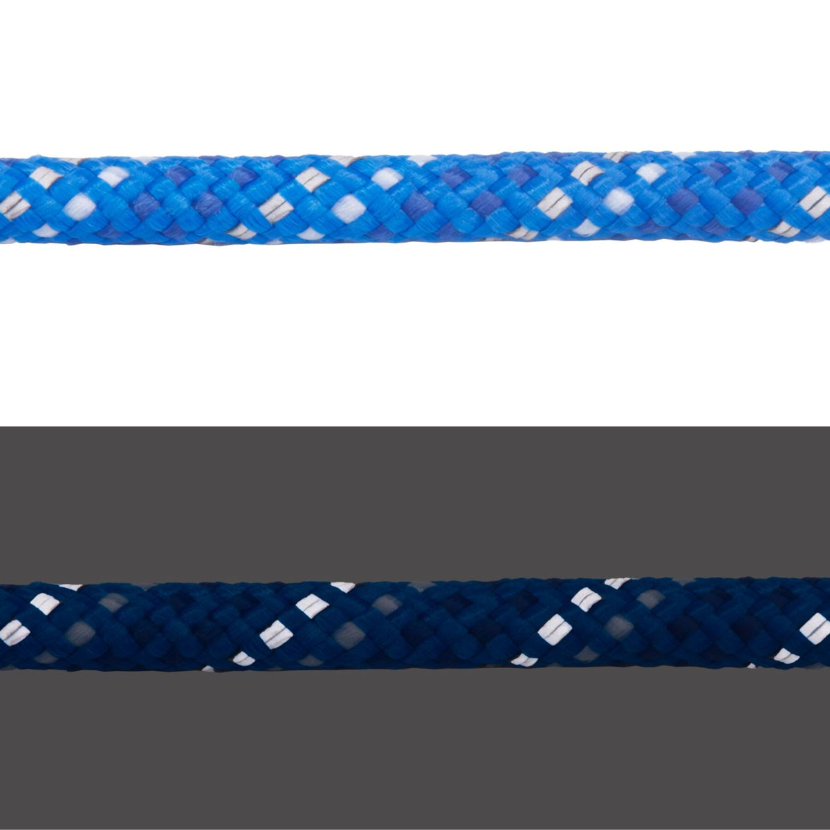 Close-up of Ruffwear Knot-a-Collar rope in Blue Pool showing kernmantle weave and reflective thread, light and dark comparison