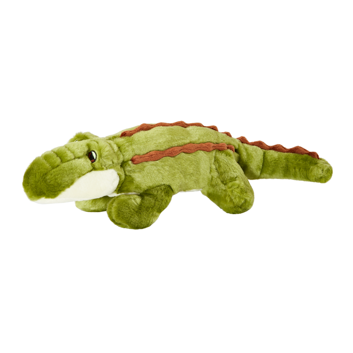 Fluff &amp; Tuff Georgia Gator plush dog toy - green alligator with rust orange scales and cream snout, side view