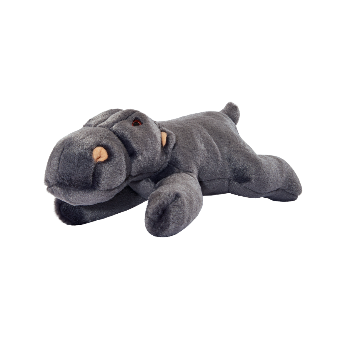 Fluff &amp; Tuff Helga Hippo plush dog toy - grey hippo lying flat with cream nostrils and amber embroidered eyes
