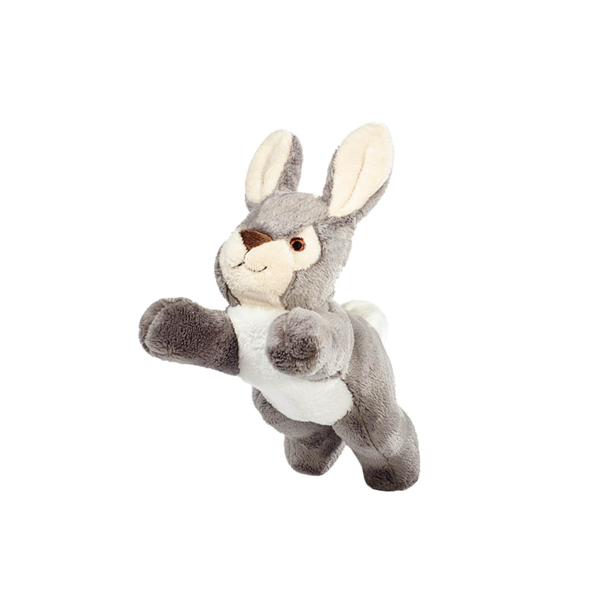 Fluff &amp; Tuff Jessica Rabbit plush dog toy - grey bunny mid-hop with cream belly, long ears and outstretched arms.