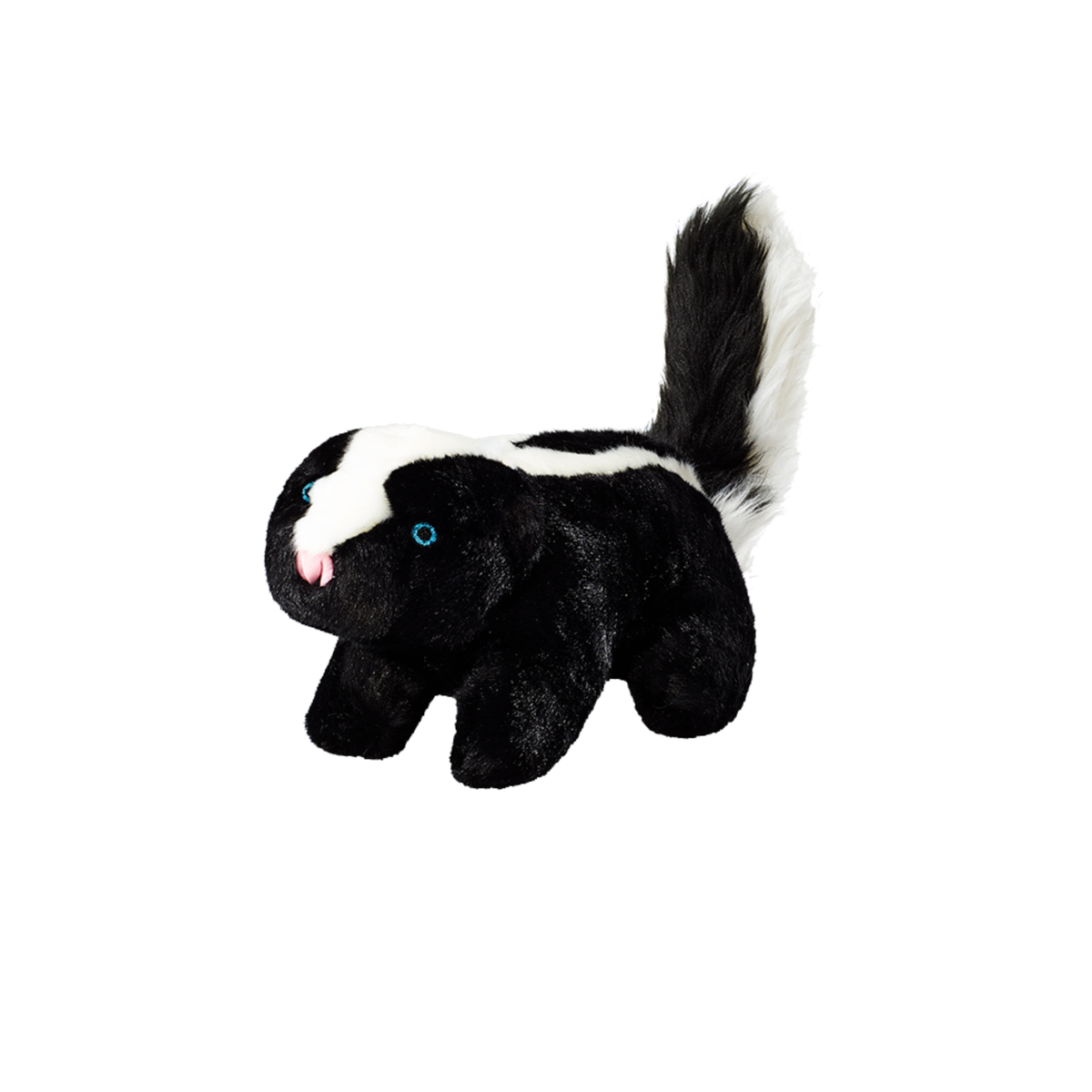 Fluff &amp; Tuff Lucy Skunk plush dog toy - black skunk with white stripe, fluffy tail, teal eyes and pink nose