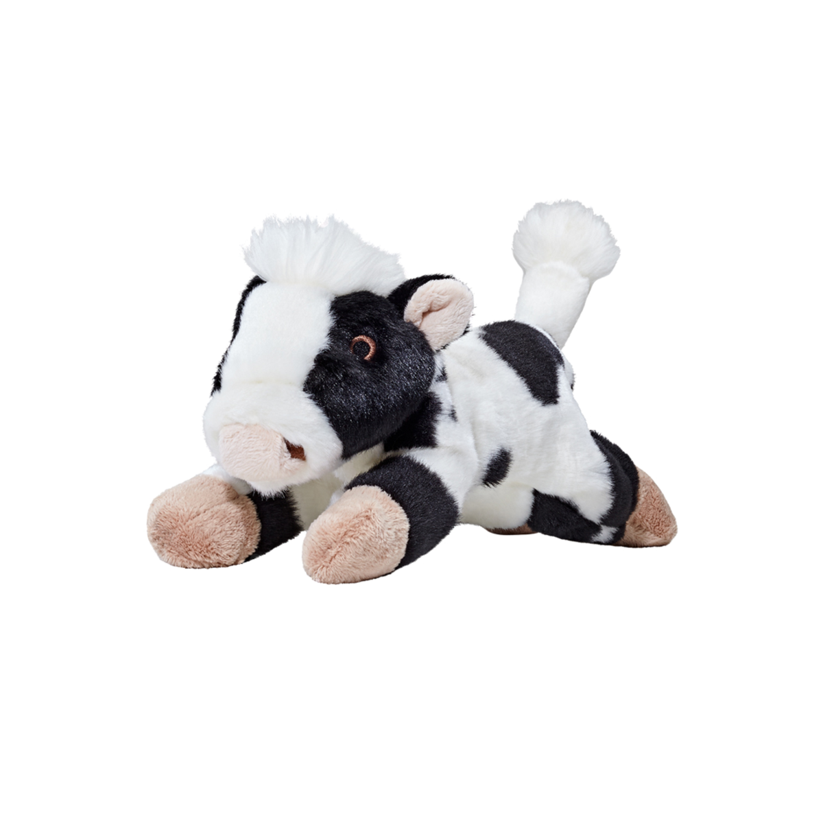 Fluff &amp; Tuff Marge Cow plush dog toy - black and white spotted cow lying down with fluffy white tail