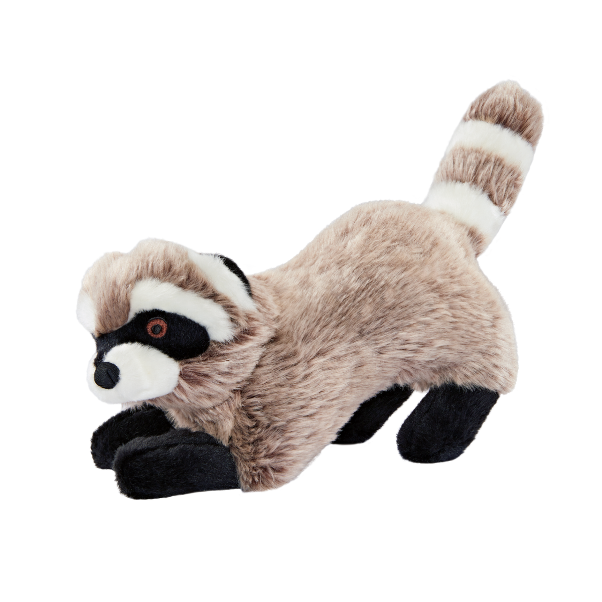 Fluff &amp; Tuff Rocket Raccoon plush dog toy - grey-brown raccoon in play bow with black mask, black paws and striped tail