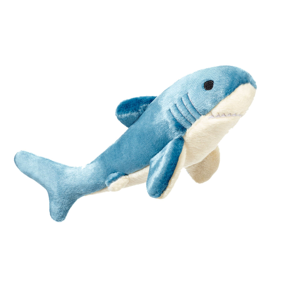 Fluff &amp; Tuff Tank Shark blue plush dog toy on white background