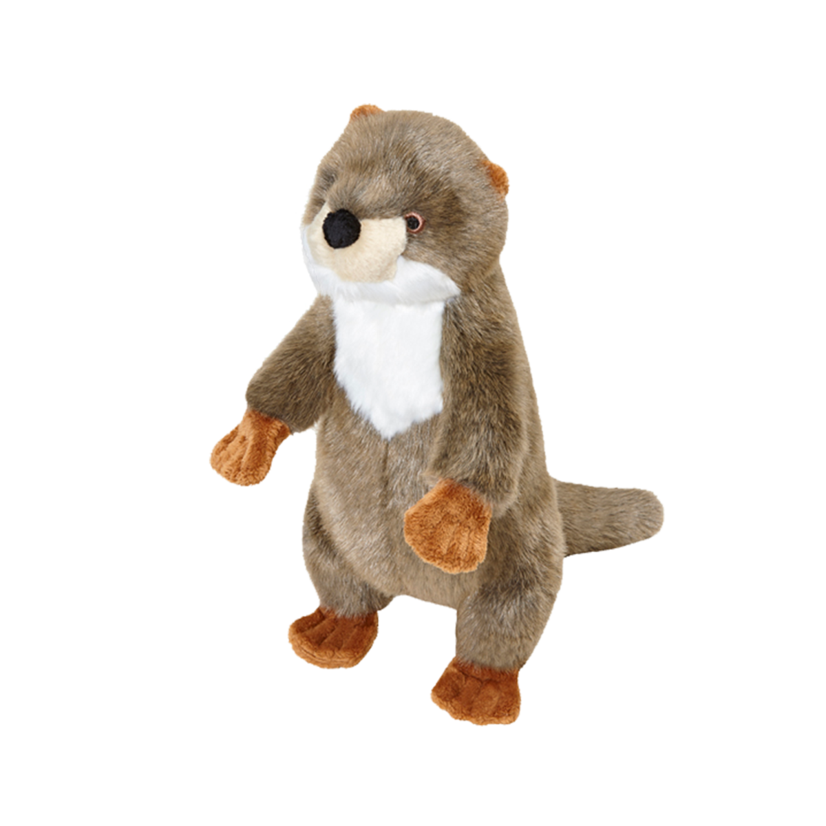 Fluff and Tuff Harry Otter plush dog toy in grey and brown with white chest standing upright on white background