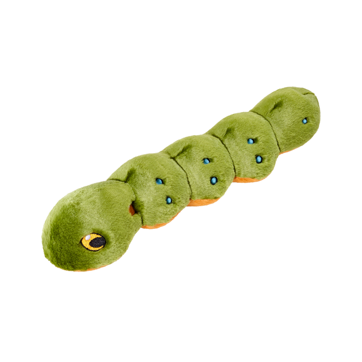 Fluff and Tuff Katie Caterpillar plush dog toy in green with blue eye spots and orange underside on white background