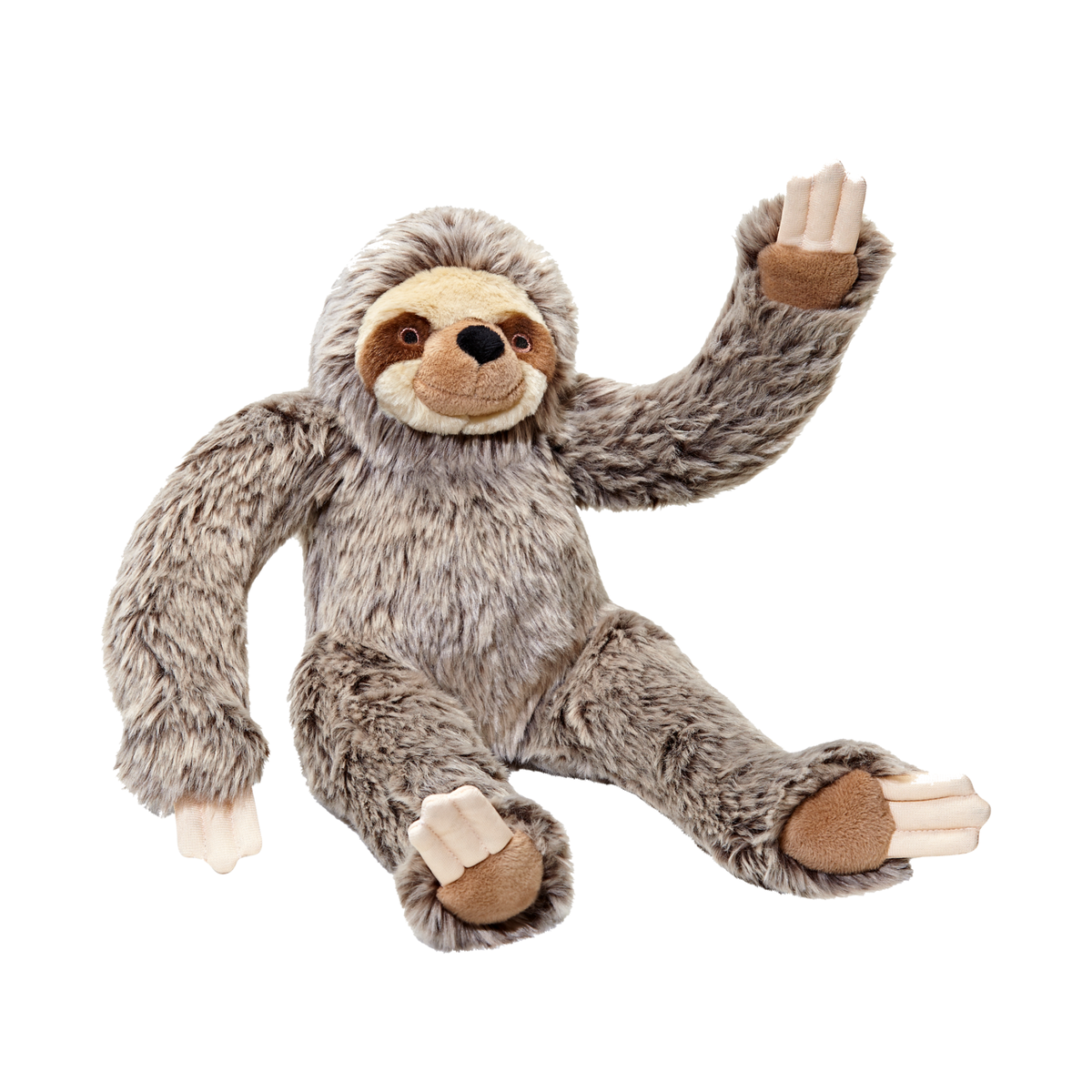 Fluff and Tuff Tico Sloth large plush dog toy in grey and cream with long arms on white background