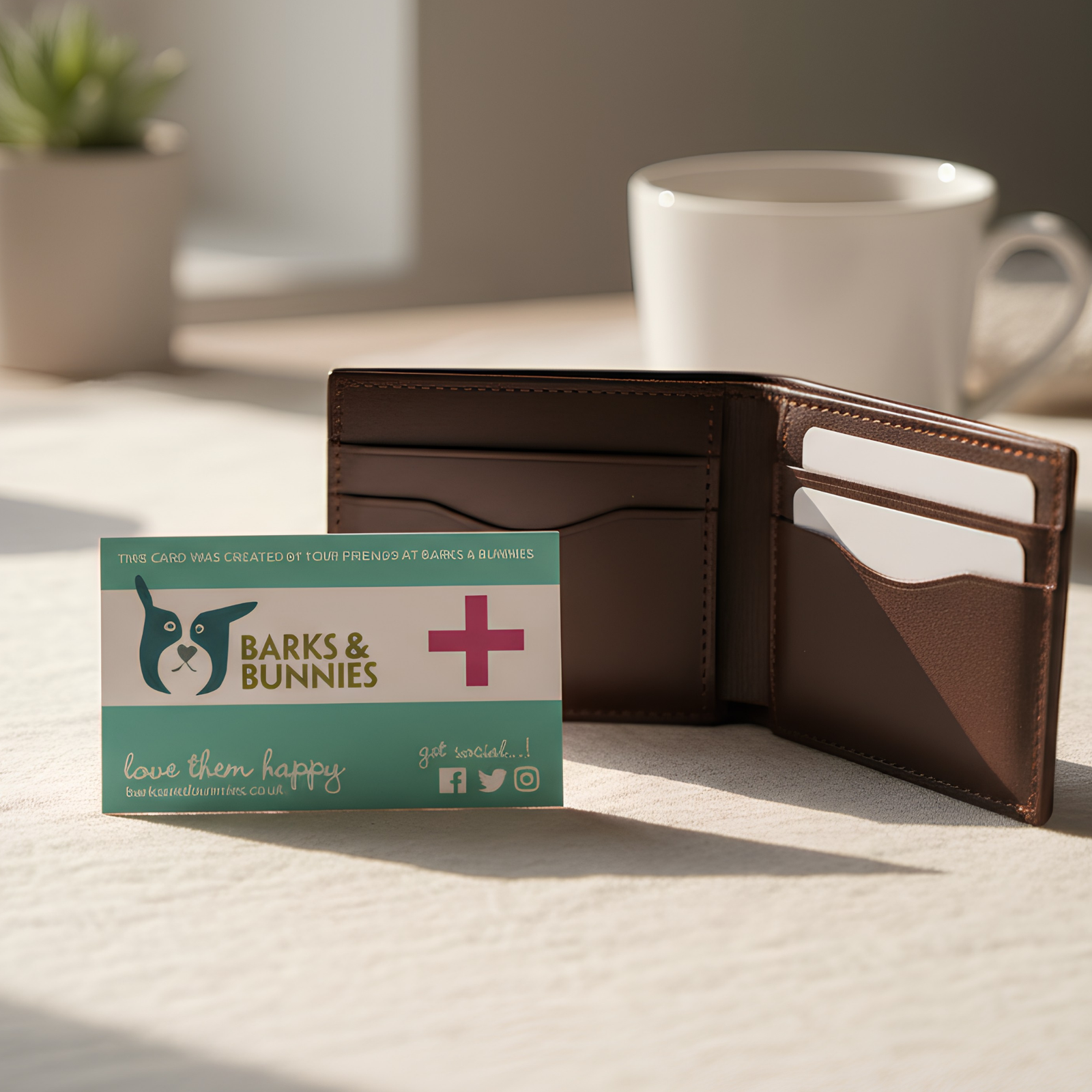 My Pets Are Home Card by Barks & Bunnies, shown in an open leather wallet on a wooden surface