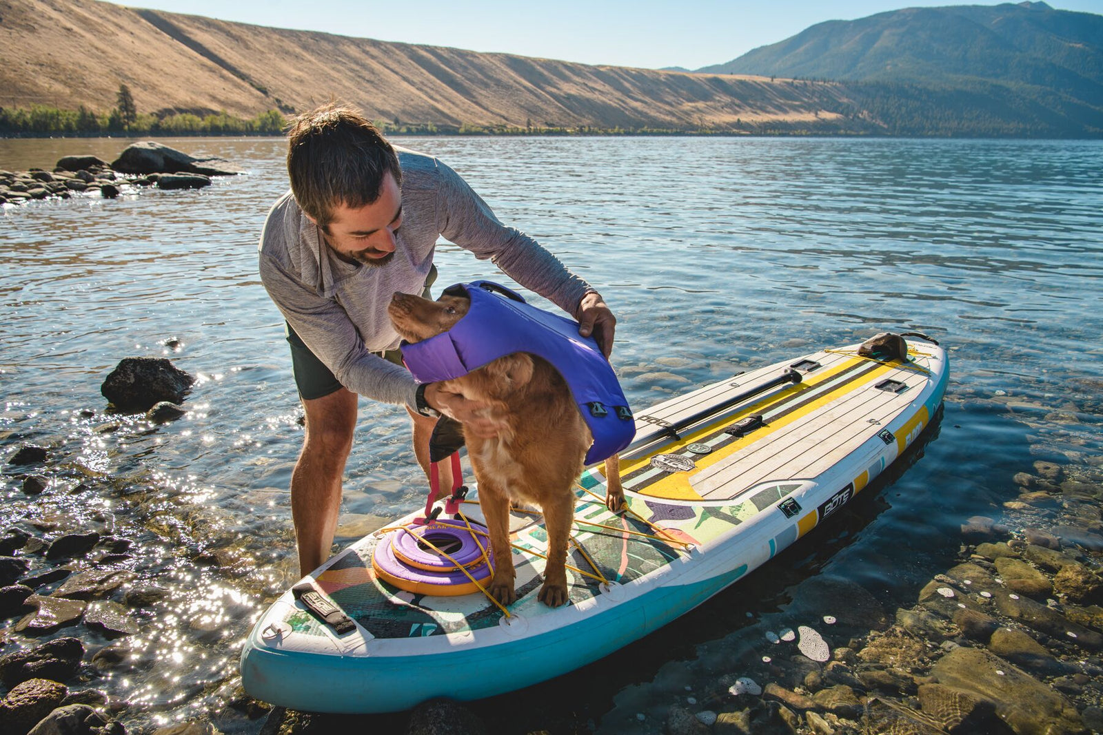 Person fitting the Ruffwear Float Coat in Purple Lily on a golden retriever standing on a paddleboard at the water's edge, mountains in the background.