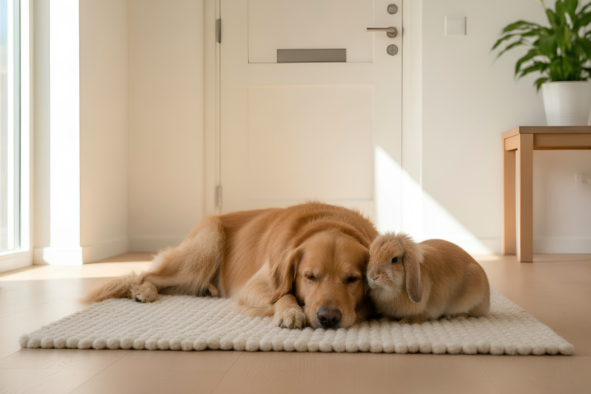 A golden retriever and a lop-eared rabbit resting together on a white mat by a front door, pets home alone