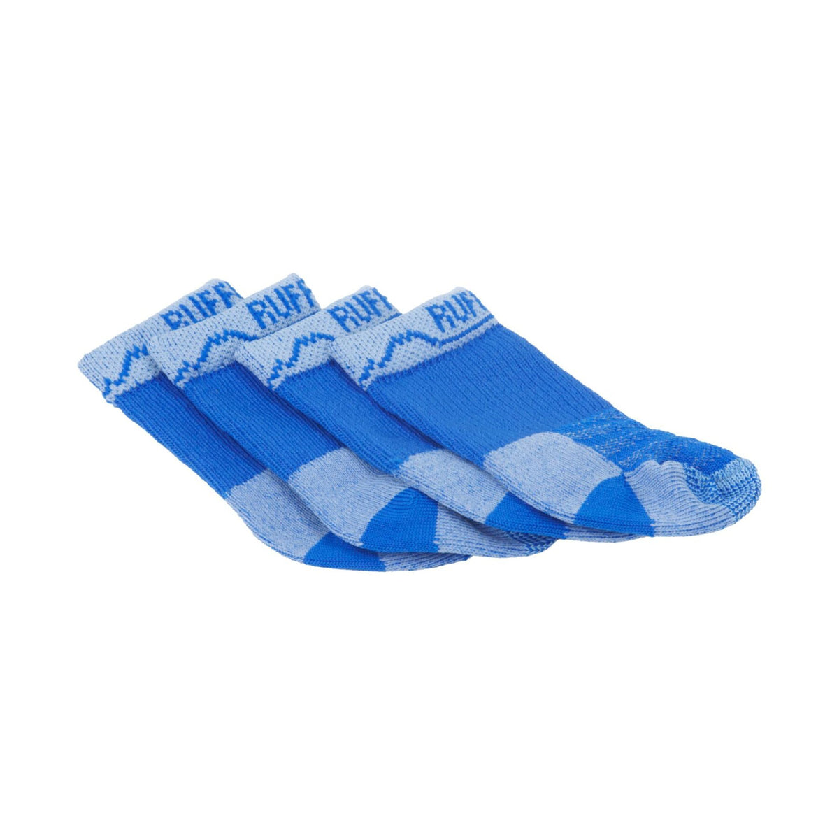 Four Ruffwear Bark'n Boot™ Liners in Blue Pool fanned out on a white background, showing the cream and blue mountain-pattern cuff with RUFF branding, blue body, and reinforced toe