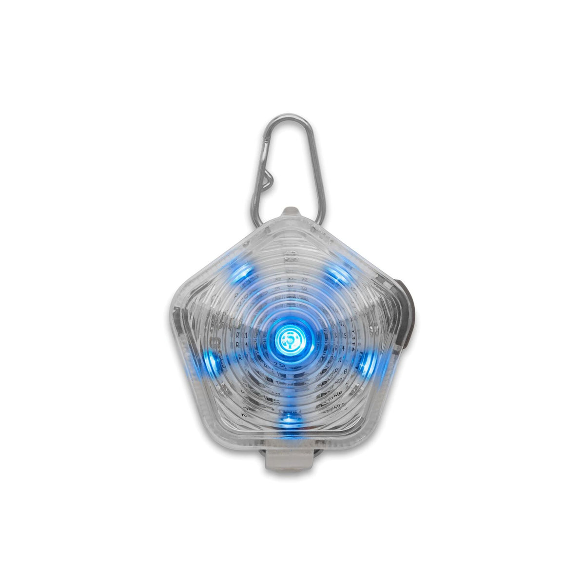Ruffwear Beacon dog safety light illuminated in blue, against a white background showing the full-body glow through the translucent pentagonal shell, stainless steel Quick Clip, and LED pattern radiating from the central lens