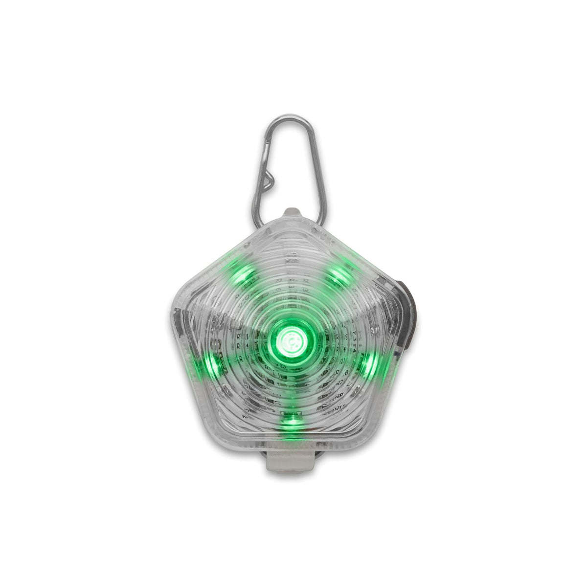 Ruffwear Beacon dog safety light illuminated in green, against a white background showing the full-body glow through the translucent pentagonal shell, stainless steel Quick Clip, and LED pattern radiating from the central lens
