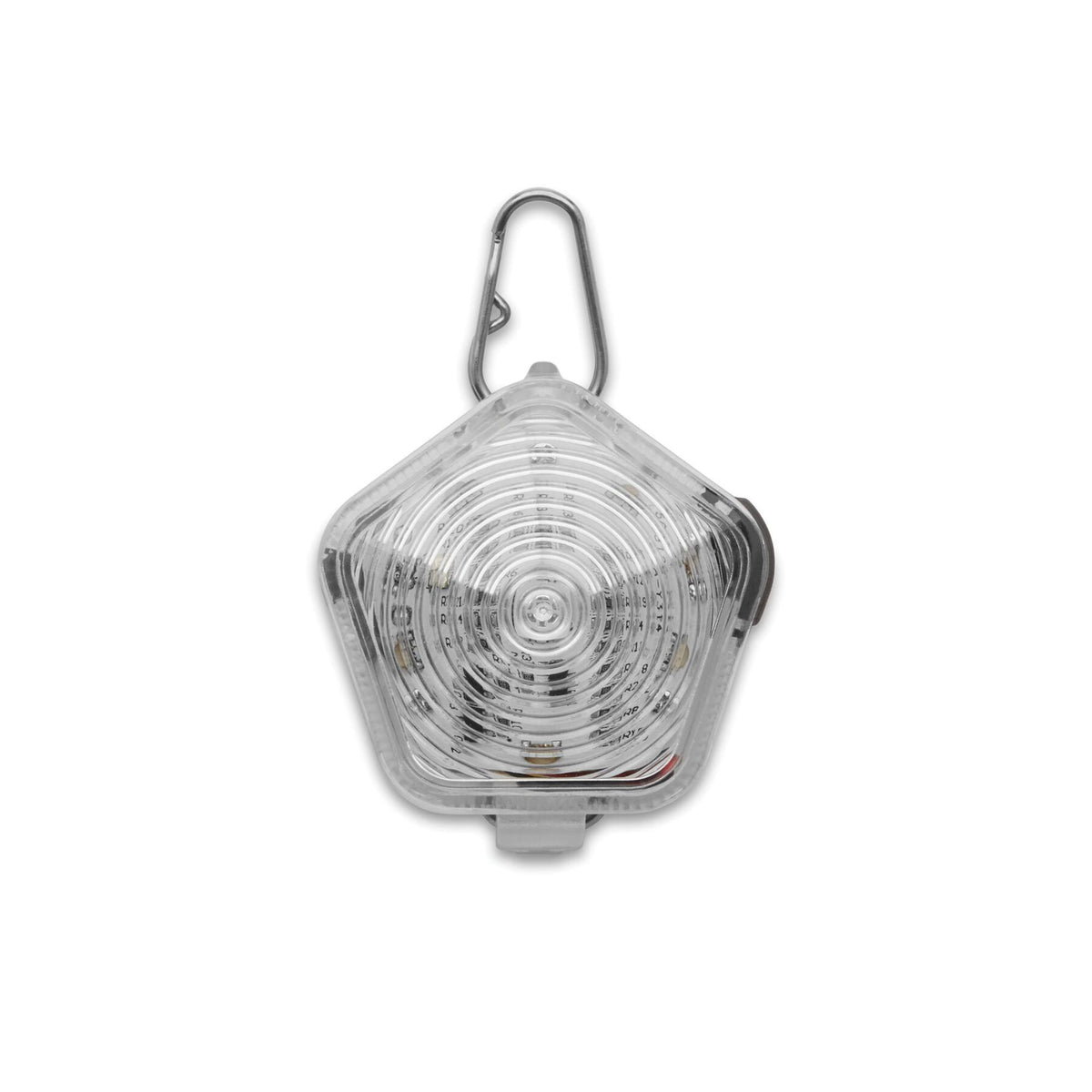 Ruffwear Beacon dog safety light in Clear Lake, unlit, against a white background showing the translucent polycarbonate pentagonal shell, concentric ring lens detail, stainless steel Quick Clip, and USB charging port at the base