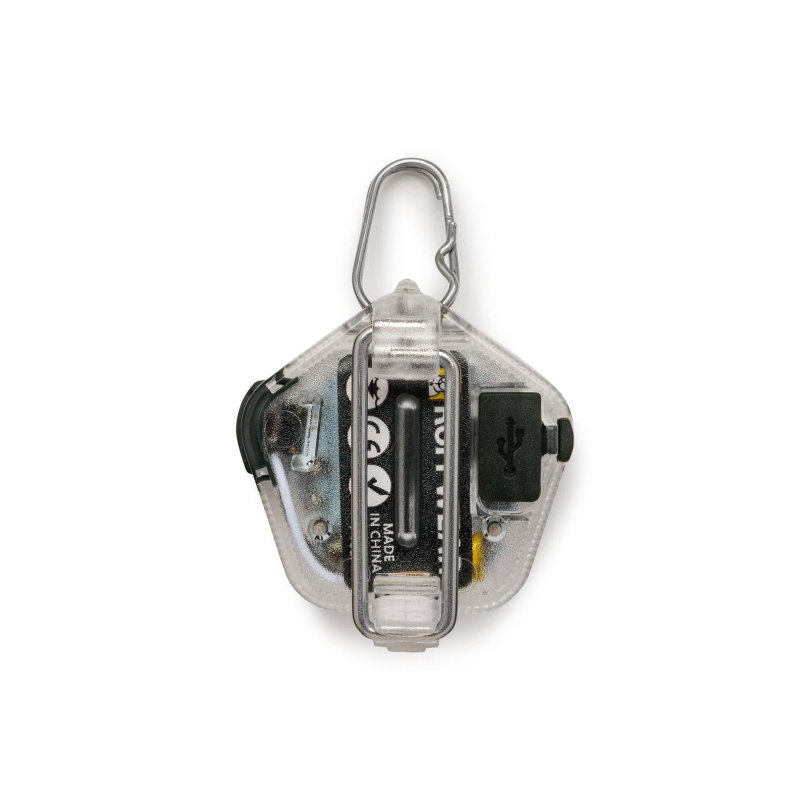 Ruffwear Beacon dog safety light, rear view against a white background showing the translucent polycarbonate shell, visible internal LiPo battery and circuit board, micro USB charging port, and stainless steel Quick Clip