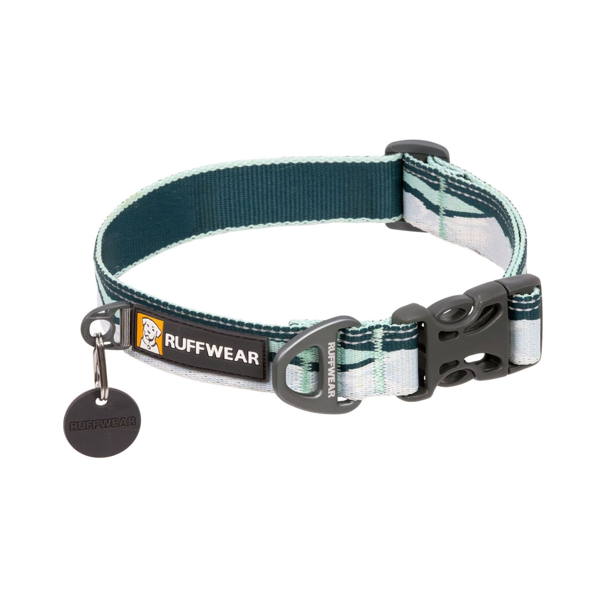 Ruffwear Crag Reflective Dog Collar in Northern Lights - pale blue and slate grey wave pattern with side-release buckle and integrated reflectivity - Barks &amp; Bunnies, UK Ruffwear stockist