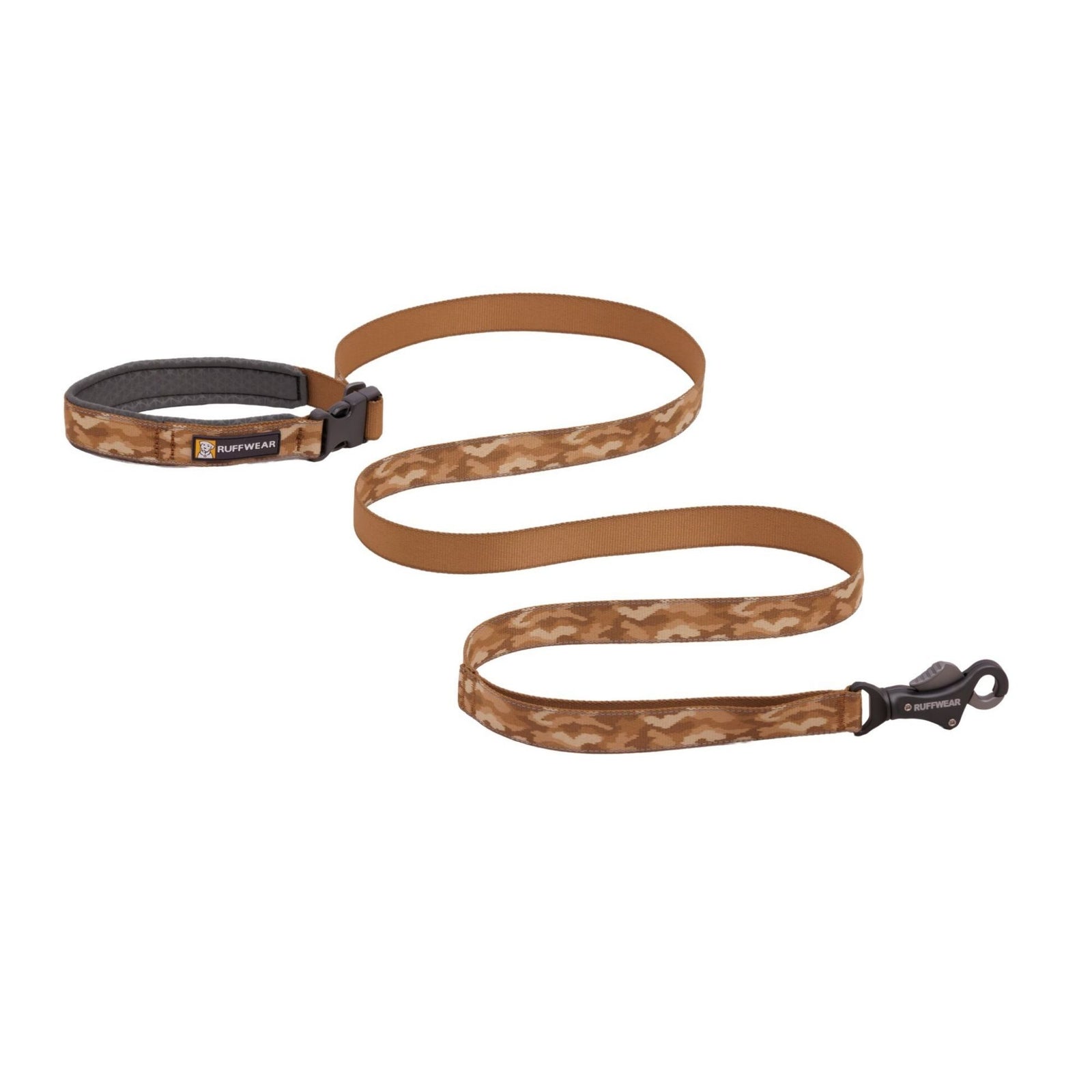 Ruffwear Crag Reflective Lead in Northern Lights, showing padded handle with side-release buckle and Talon Clip, geometric Tubelok webbing in pale ice blue, white and deep teal