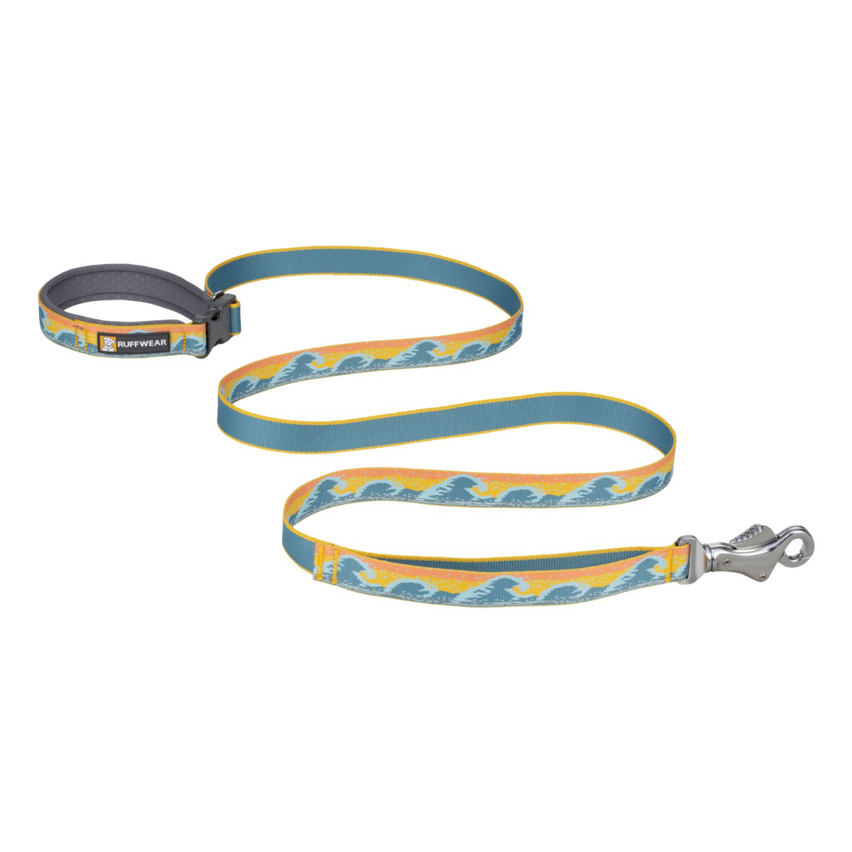 Ruffwear Crag Reflective Lead in Rising Wave, showing padded handle with side-release buckle and Talon Clip, wave-print Tubelok webbing in teal, orange and yellow