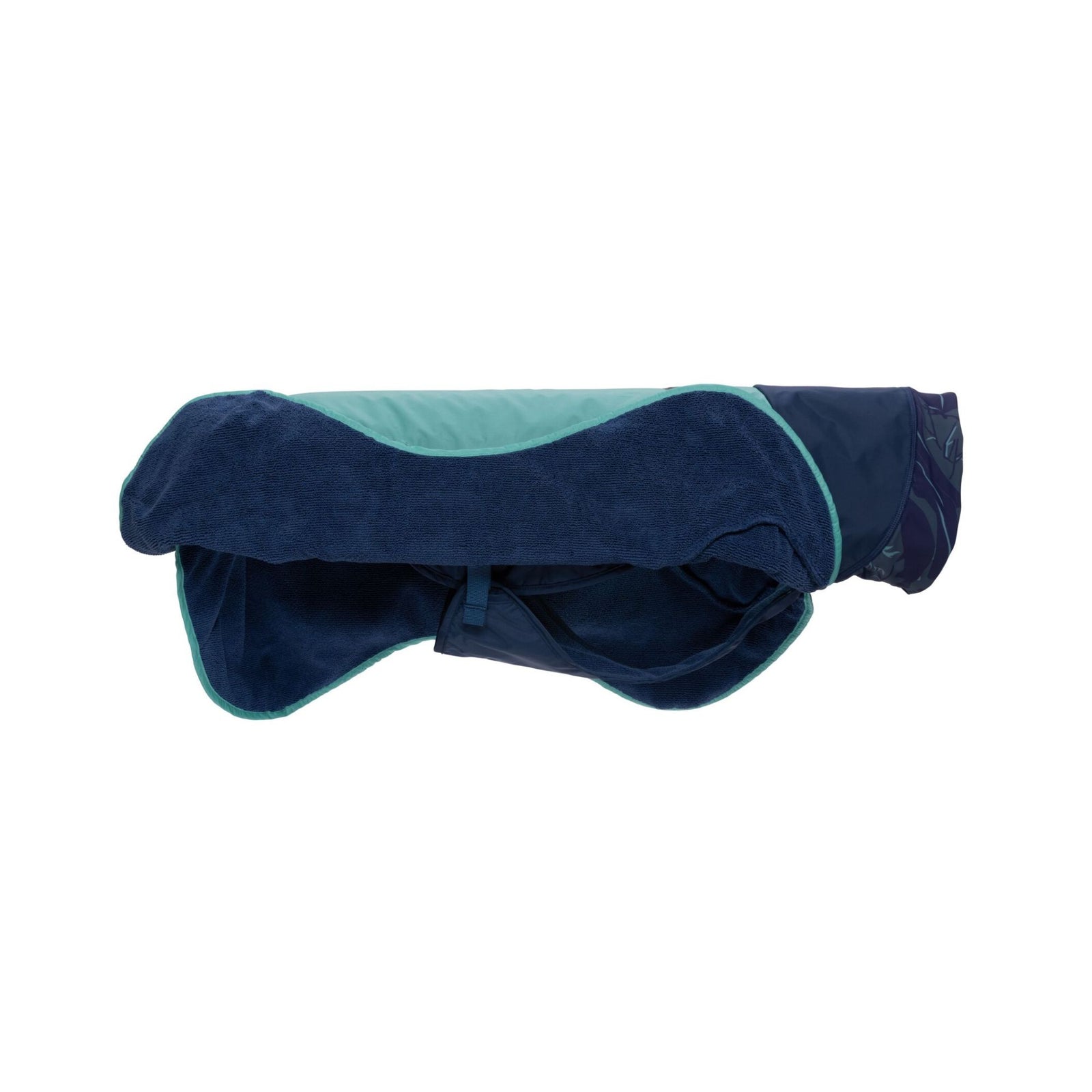 Ruffwear Dirtbag Dog Towel in Aurora Teal on a white background, showing the teal waterproof shell and navy microfiber lining folded back at the neck