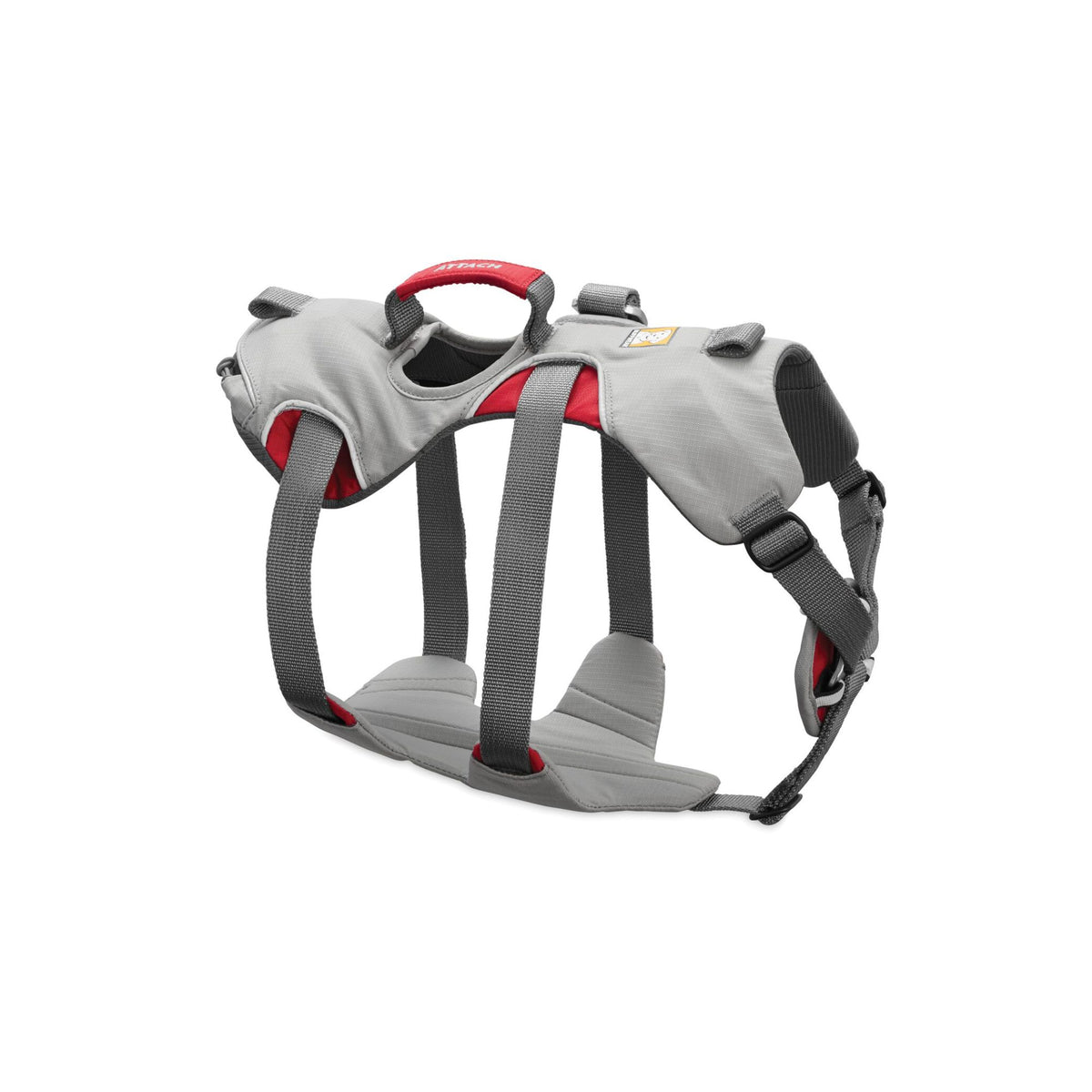 Ruffwear Doubleback full body dog harness in Cloudburst Gray, rear view showing padded belly support and leg loops