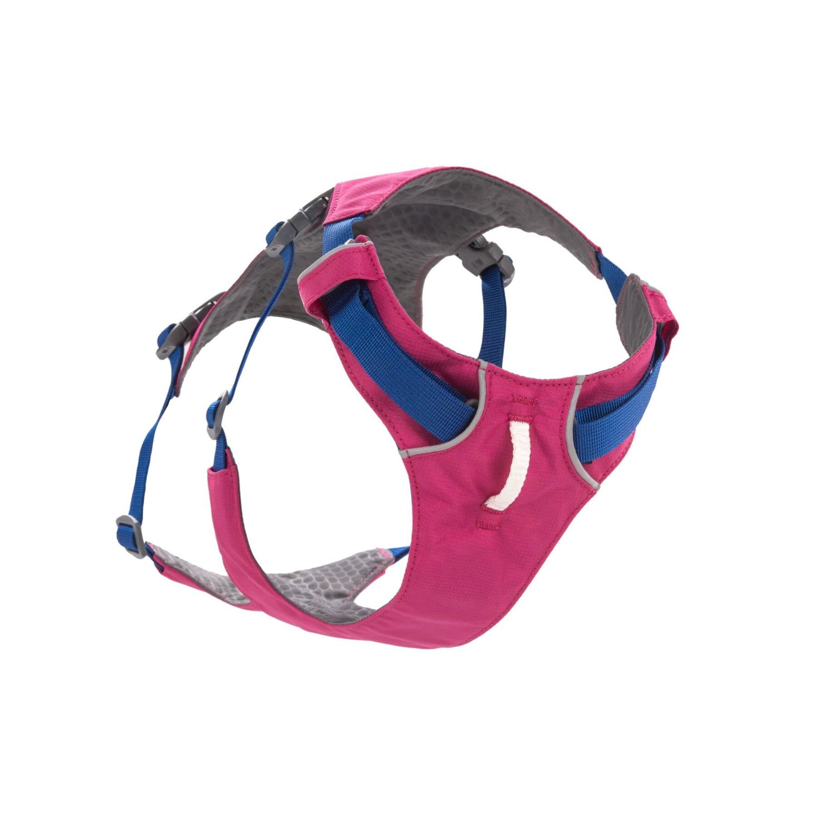 Ruffwear Flagline dog harness in Alpenglow Pink, close-up of chest panel with leash connection point