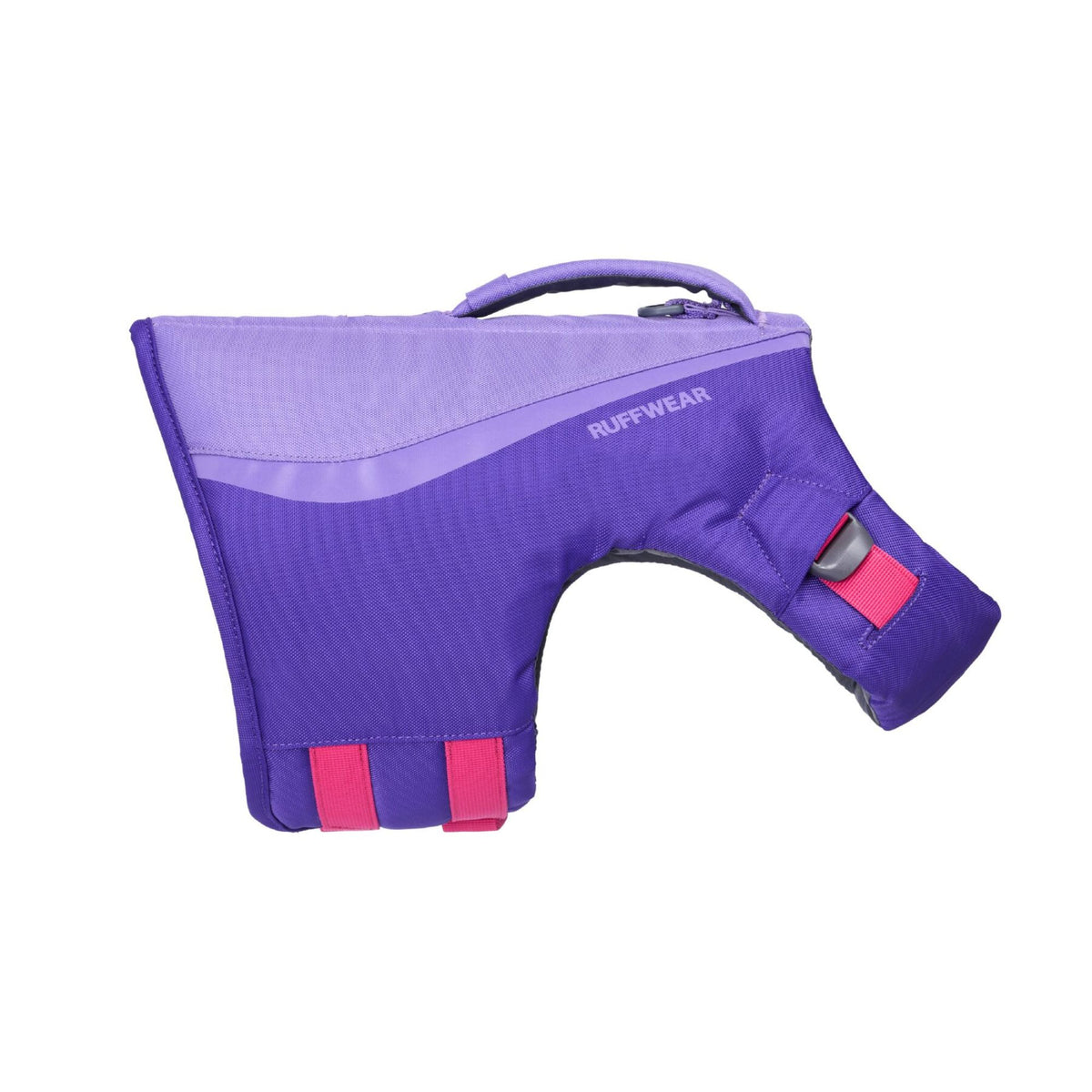 Ruffwear Float Coat dog life jacket in Purple Lily, side view showing foam panel and buckle construction