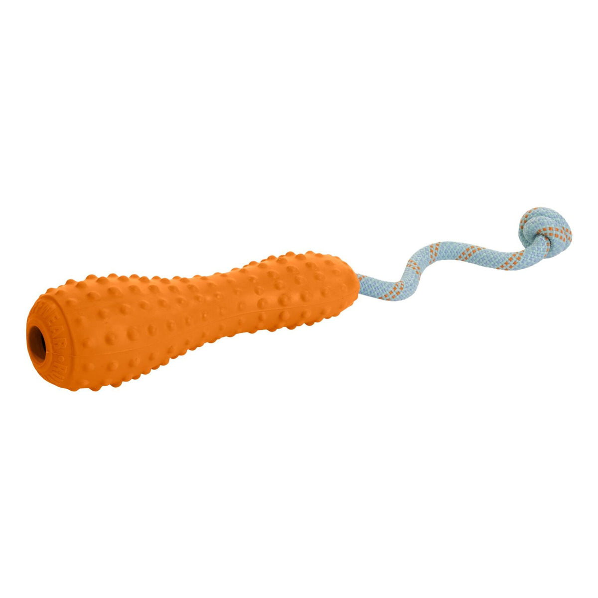 Ruffwear Gourdo dog toy in Campfire Orange, natural latex rubber fetch and tug toy with textured gum-massaging surface and kernmantle rope handle, shown on white background