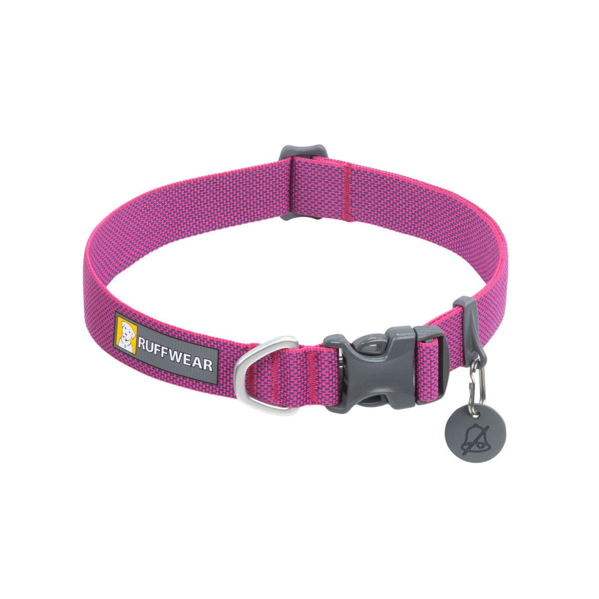 Ruffwear Hi &amp; Light dog collar in Alpenglow Pink, showing side-release buckle and aluminium D-ring