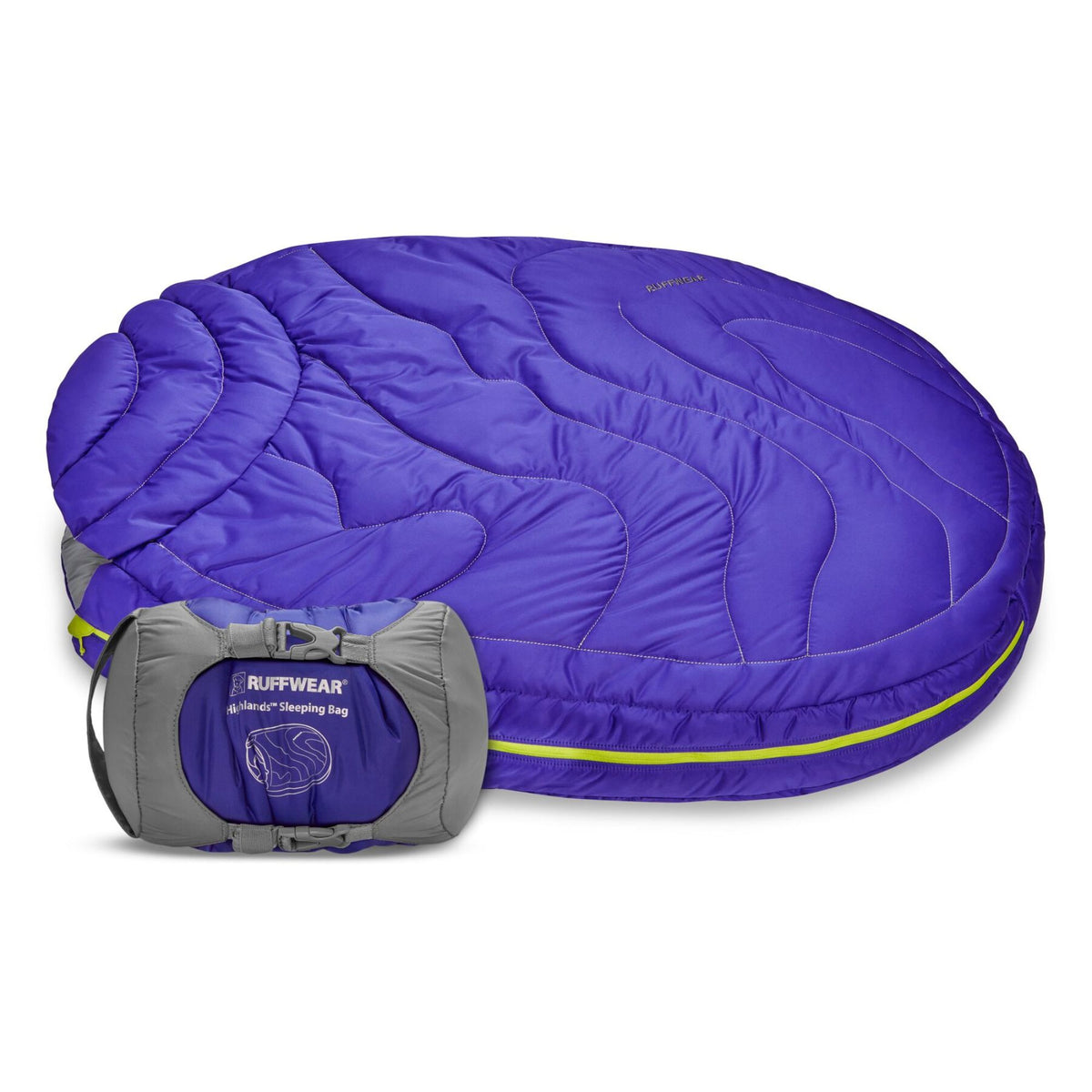 Ruffwear Highlands Dog Sleeping Bag in Huckleberry Blue, shown open and flat with compression sack